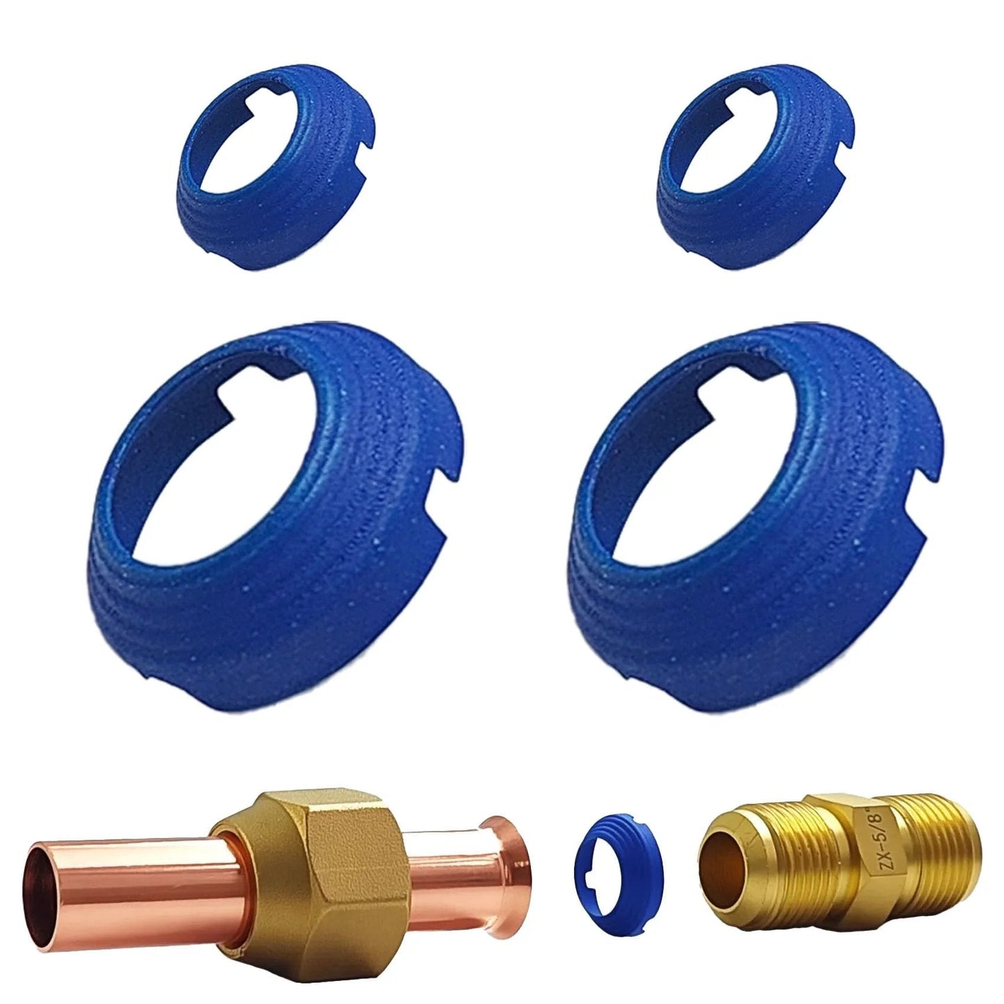 Leak Free SAE Flare Fitting Kit for HVAC and Refrigeration with blue seals and connectors for refrigerant flare connections.