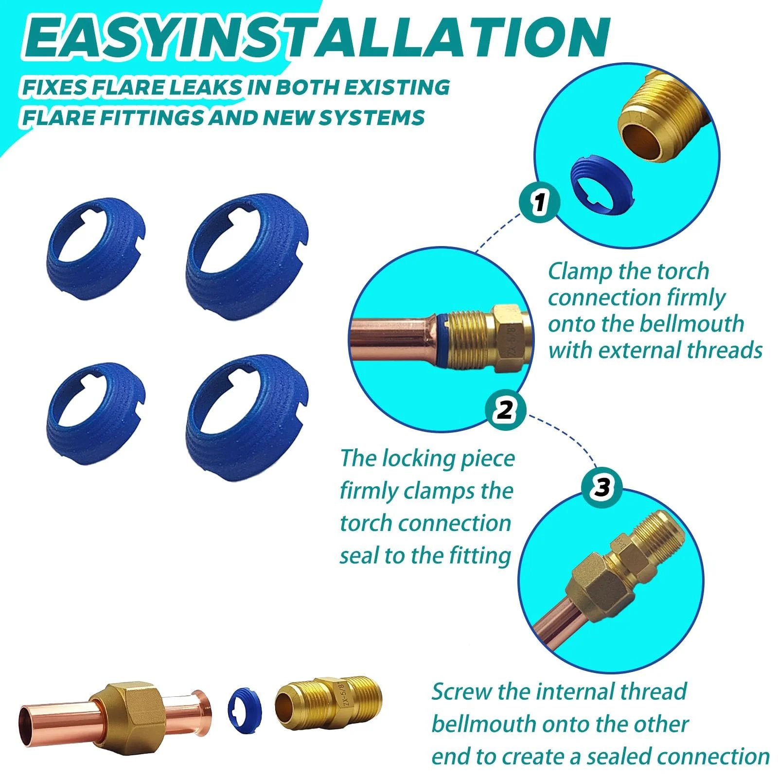Leak Free SAE Flare Fitting Kit For HVAC And Refrigeration With Two One Quarter Inch And Two Three Eighths Inch Connections seals and installation steps.