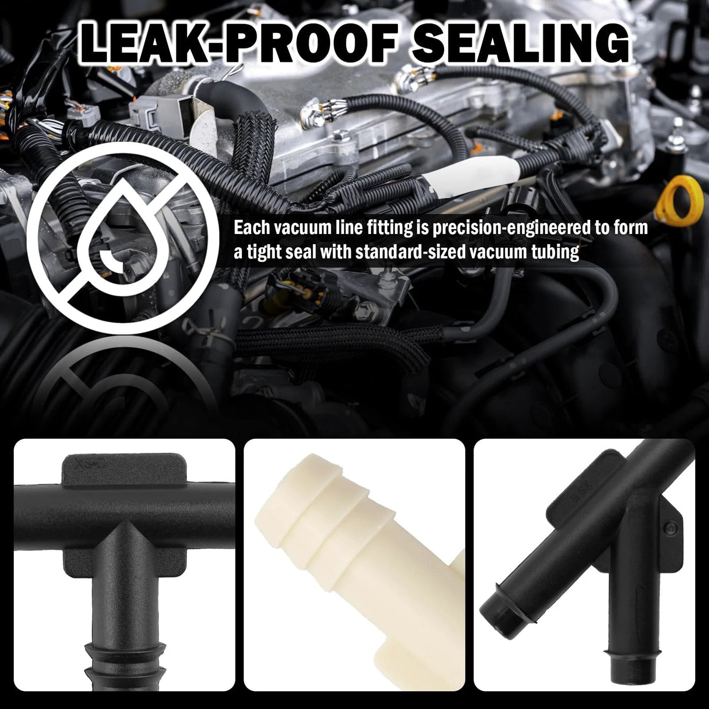 Comprehensive 91 Piece Car Vacuum Line Connectors Kit With 32 Sizes For 1/8 3/16 1/4 5/16 3/8 Inch Hose Includes Straight Reducers Tees Four Way Five Way Connectors Heat Resistant Tubing For Automotive Vacuum Systems Replacement Parts close-up of fittings in engine with leak-proof sealing.