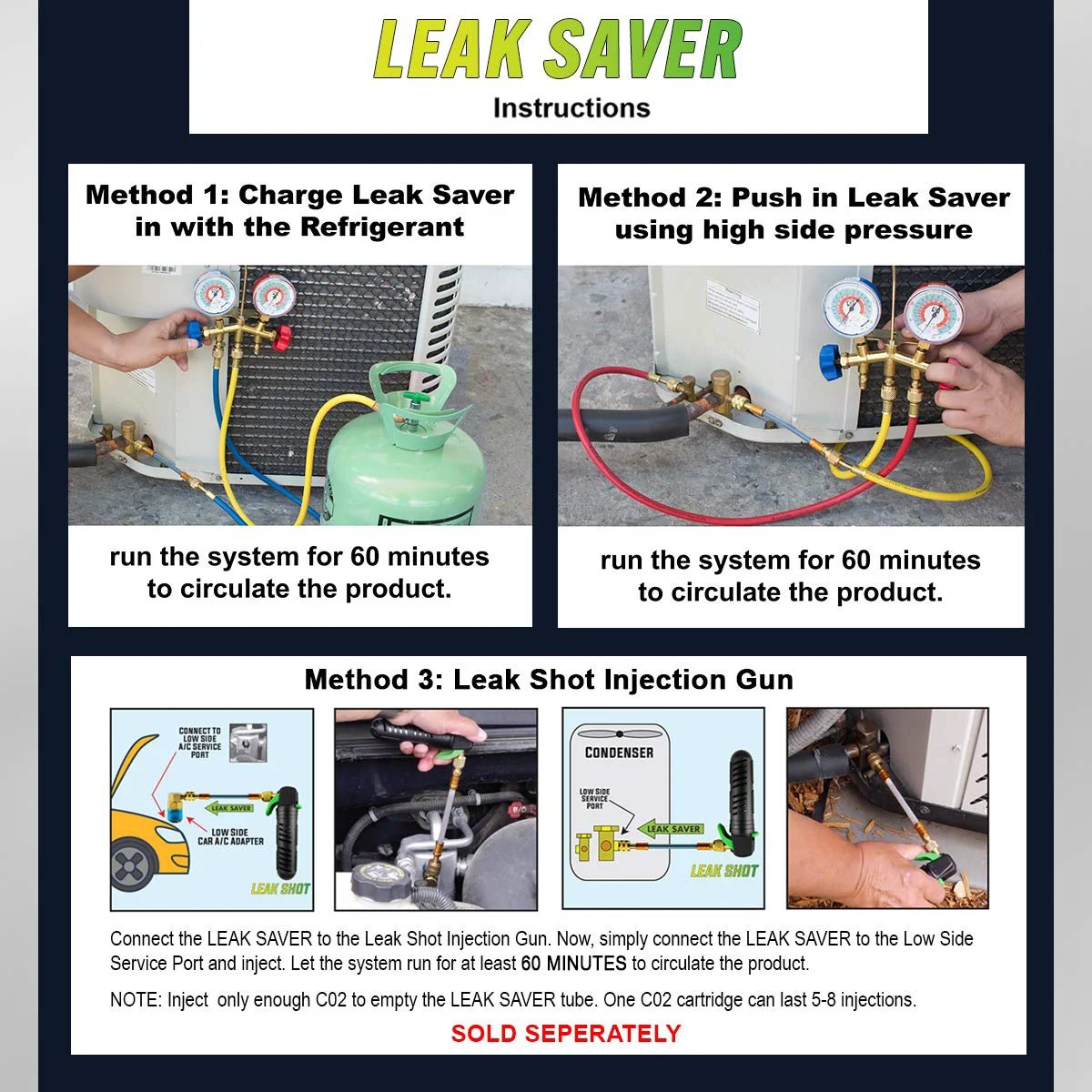 Instruction guide for using Direct Inject UV Refrigerant Leak Sealer, showing methods for application in AC systems.