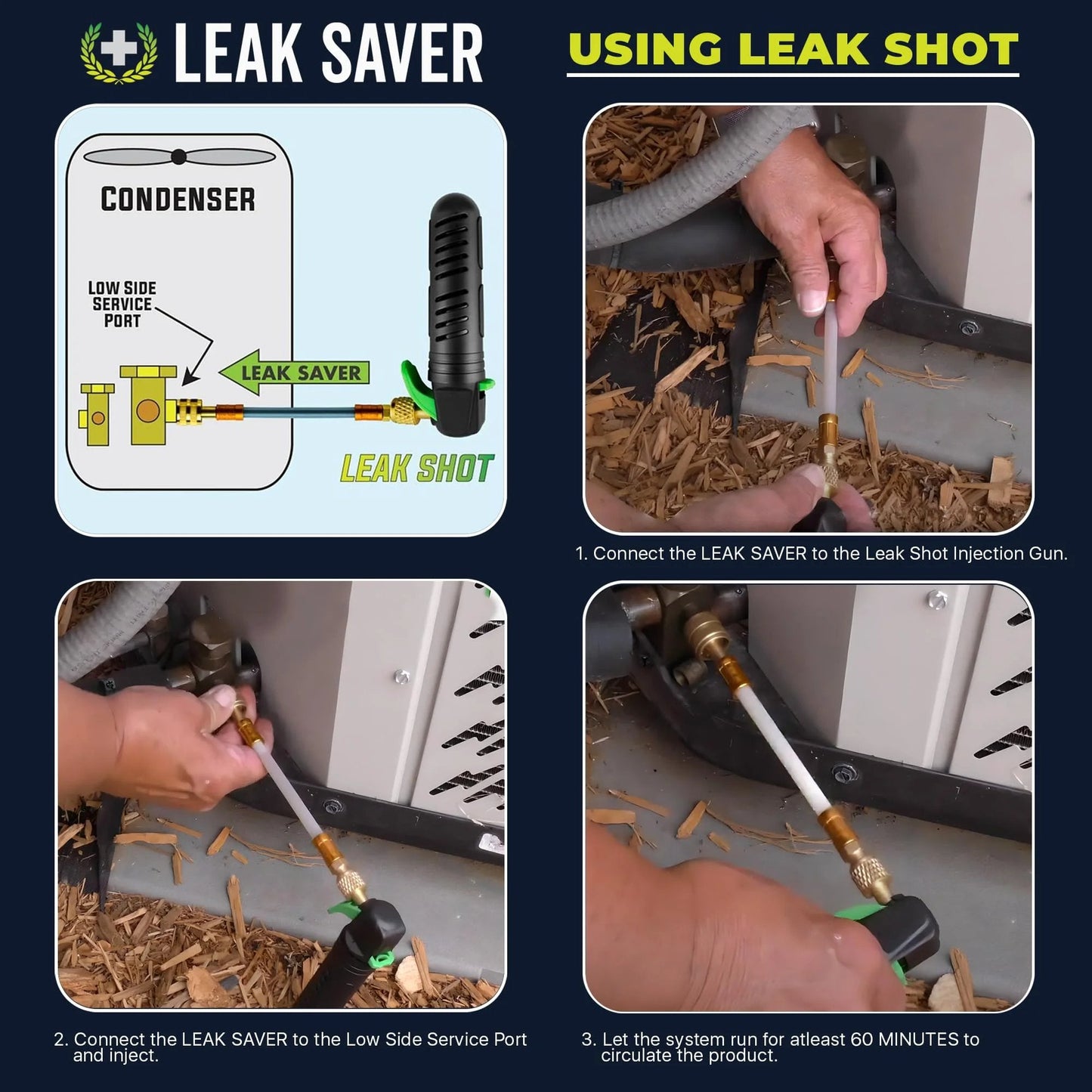 Leak Saver Direct Inject AC Leak Sealer for Most HVAC Systems Up To 5 Tons in use, demonstrating leak sealing instructions.