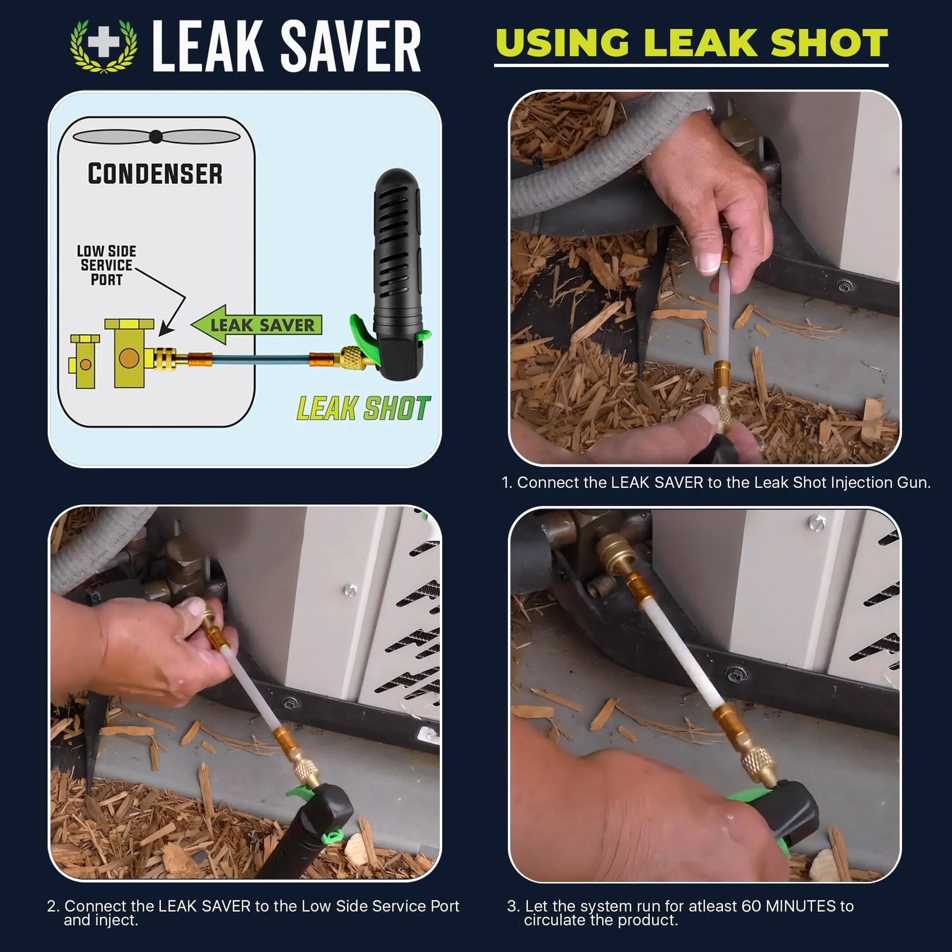 Leak Saver Direct Inject AC Leak Sealer for Most HVAC Systems Up To 5 Tons in use, demonstrating leak sealing instructions.