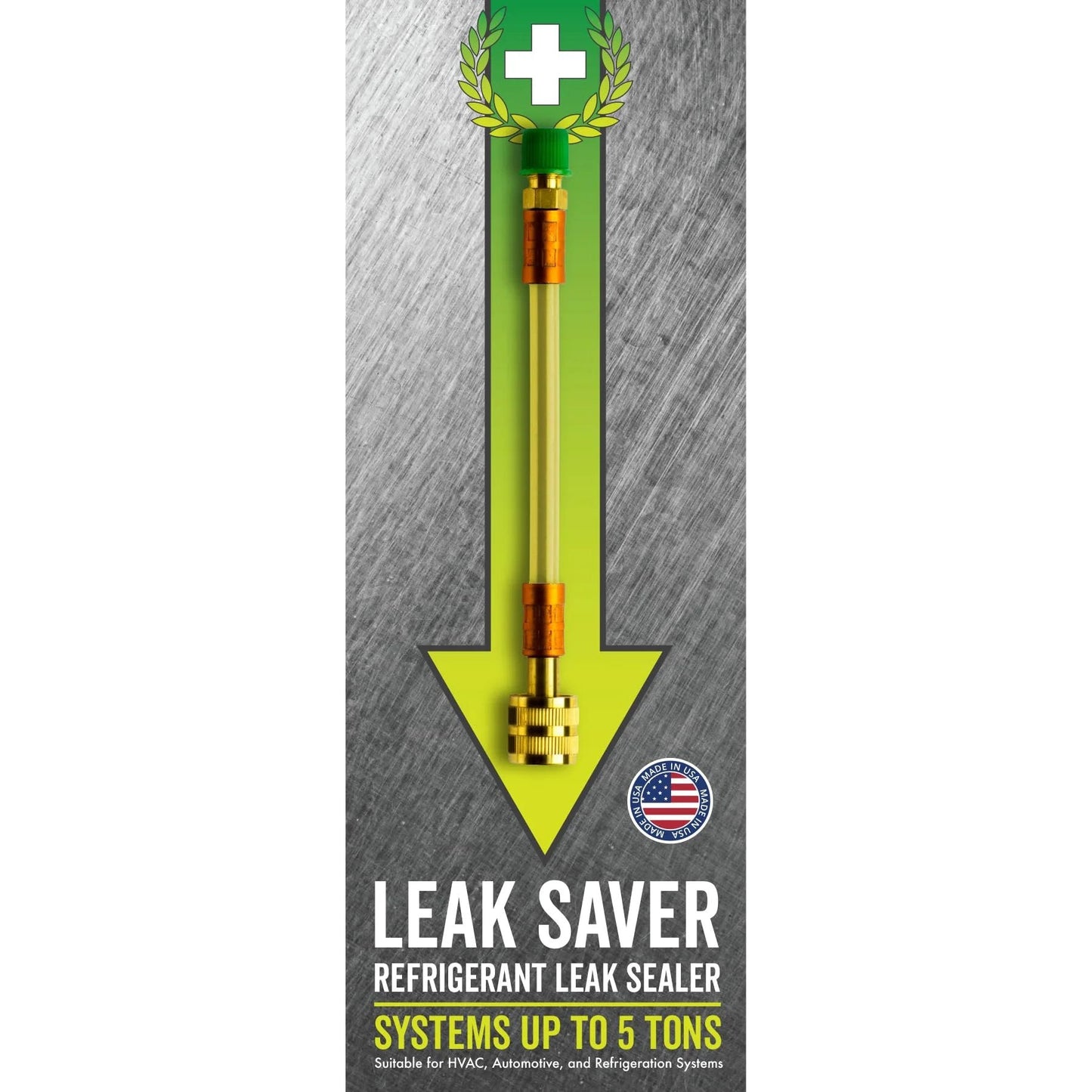 Leak Saver Direct Inject AC Leak Sealer for Most HVAC Systems Up To 5 Tons, front view showing the product and packaging design.
