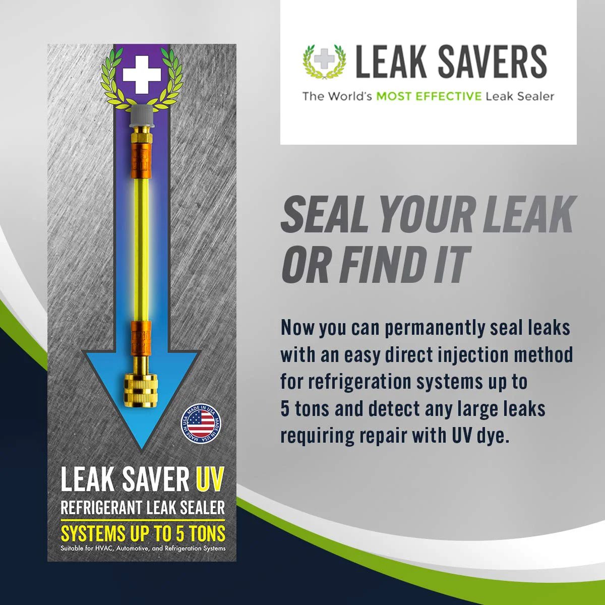 Direct Inject UV Refrigerant Leak Sealer With UV Dye For Easy Detection Of Large Leaks In AC Refrigeration And Automotive Systems Up To 5 Tons compatible with all refrigerants.