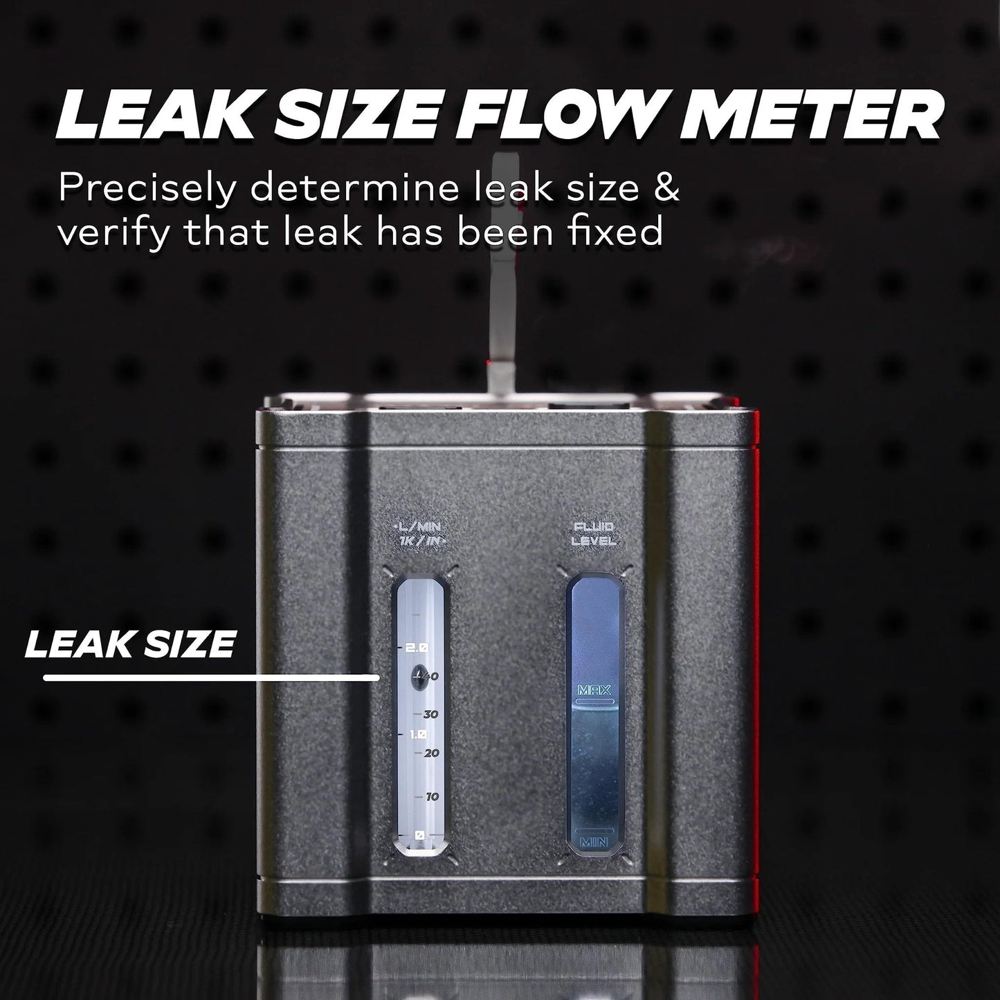 Close-up of the Leak Size Flow Meter, measuring leak size with visible gauge and markings for precise readings.