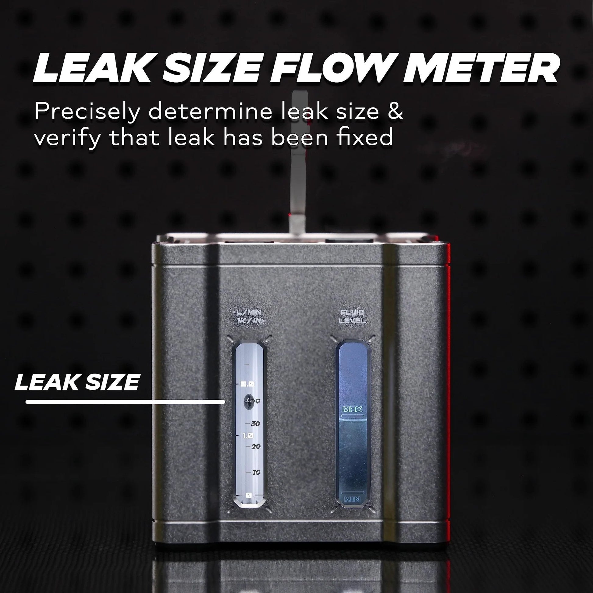 Close-up of the Leak Size Flow Meter, measuring leak size with visible gauge and markings for precise readings.
