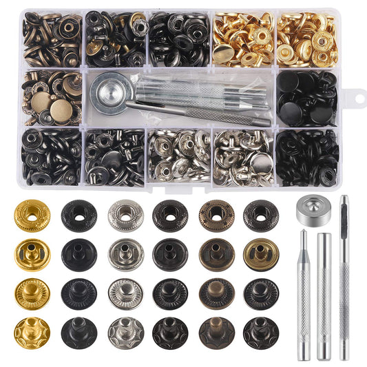 132 Sets Leather Snap Fasteners Kit 12.5 mm Metal Snaps With 4 Fixing Tools Great For Clothes Leather Craft Bracelets Jeans Jackets Bags Belts Six Color Options Gold Silver Bronze Gunmetal Matte Black Jet Black By MSDADA