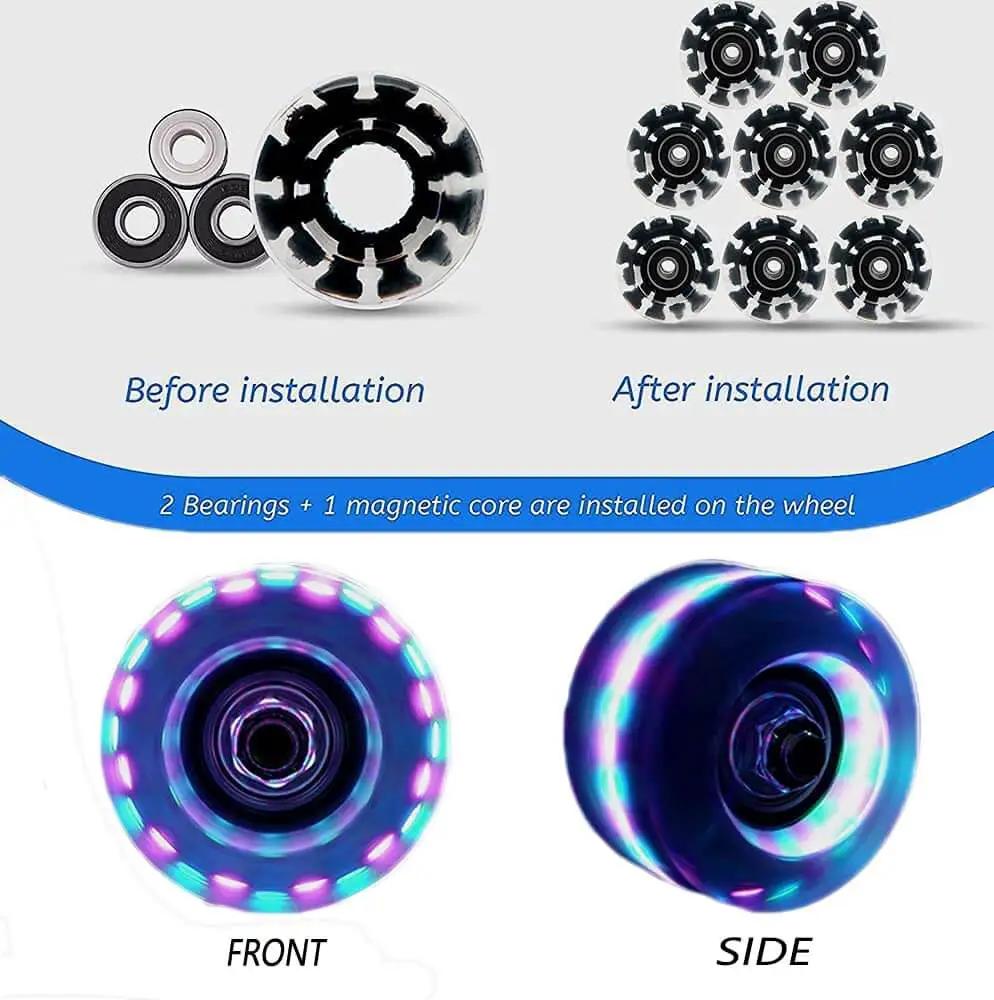 Light Up Roller Skate Wheels 8 Pack With 78A Hardness And Premium ABEC-9 Bearings, featuring LED illumination, shown in front and side views.