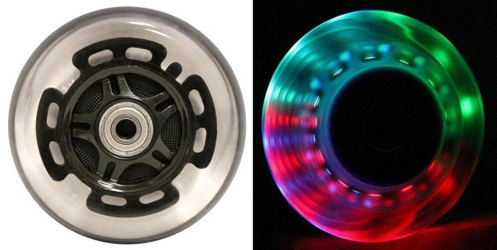 L.E.D. Scooter Wheels with Bearings for Scooters 100mm Light Up 2-Pack (Black) showing front view and illuminated side view