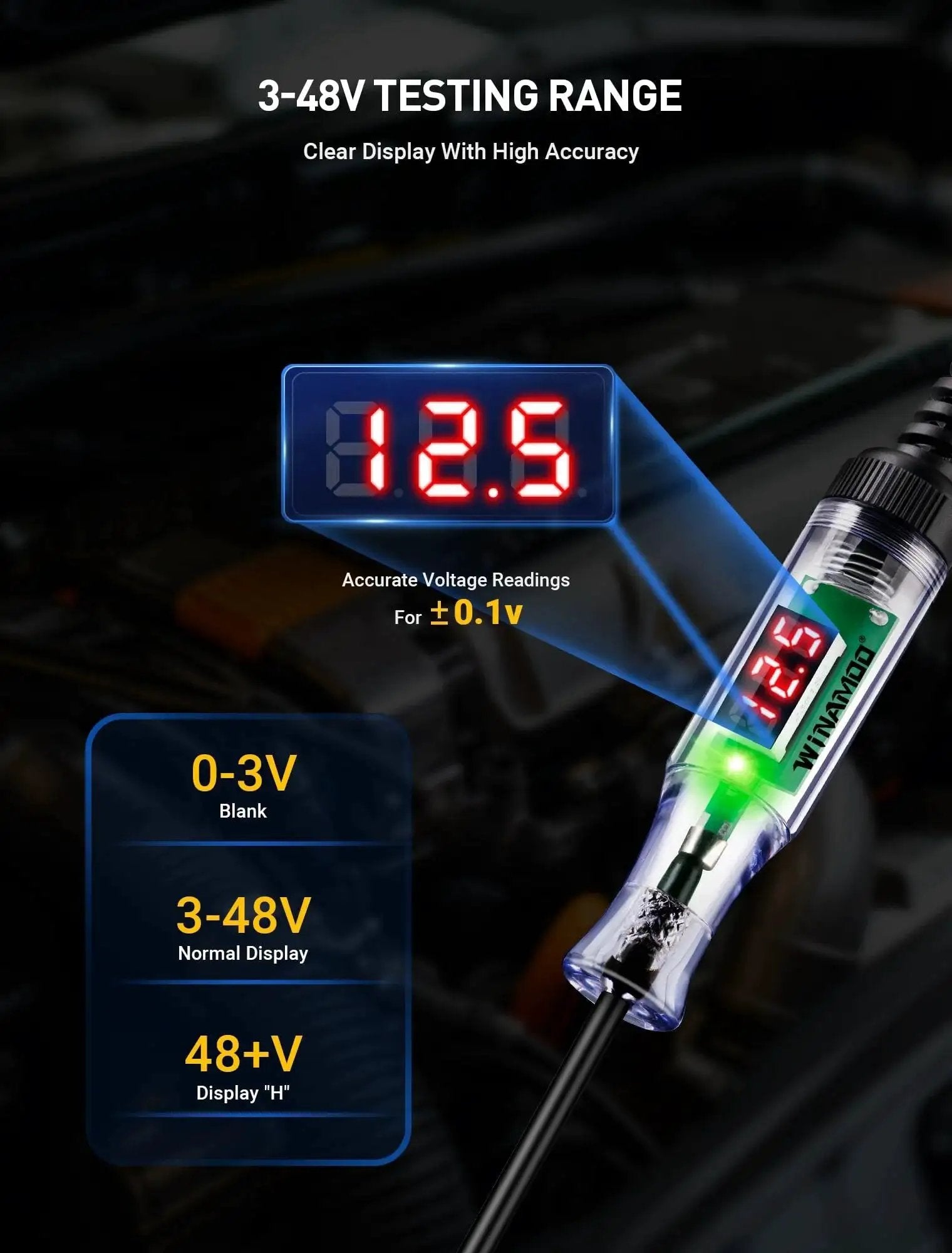 Compact automotive test light with a 3 to 48V LED digital display showing voltage reading of 12.5V for battery checks and diagnostics.