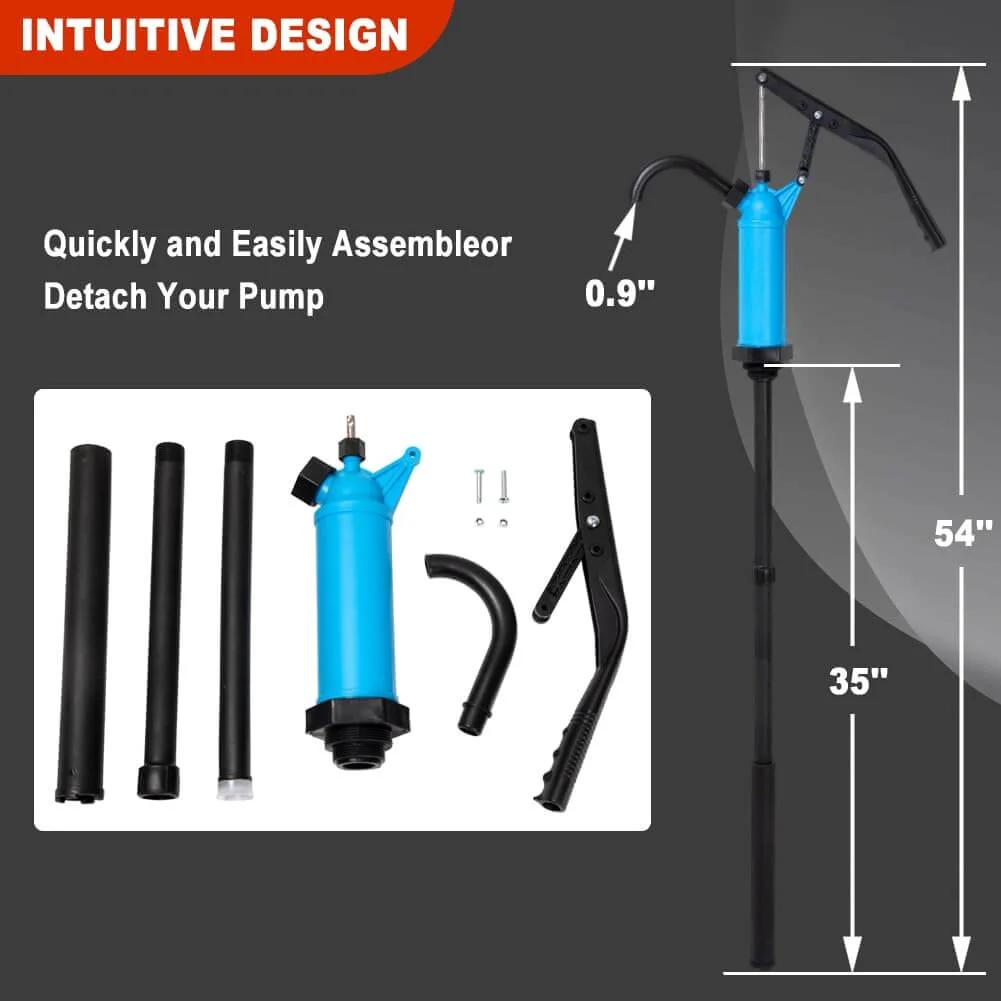 Lever Action Barrel Pump, 5 to 55 Gallon Drum Pump with assembly parts and dimensions