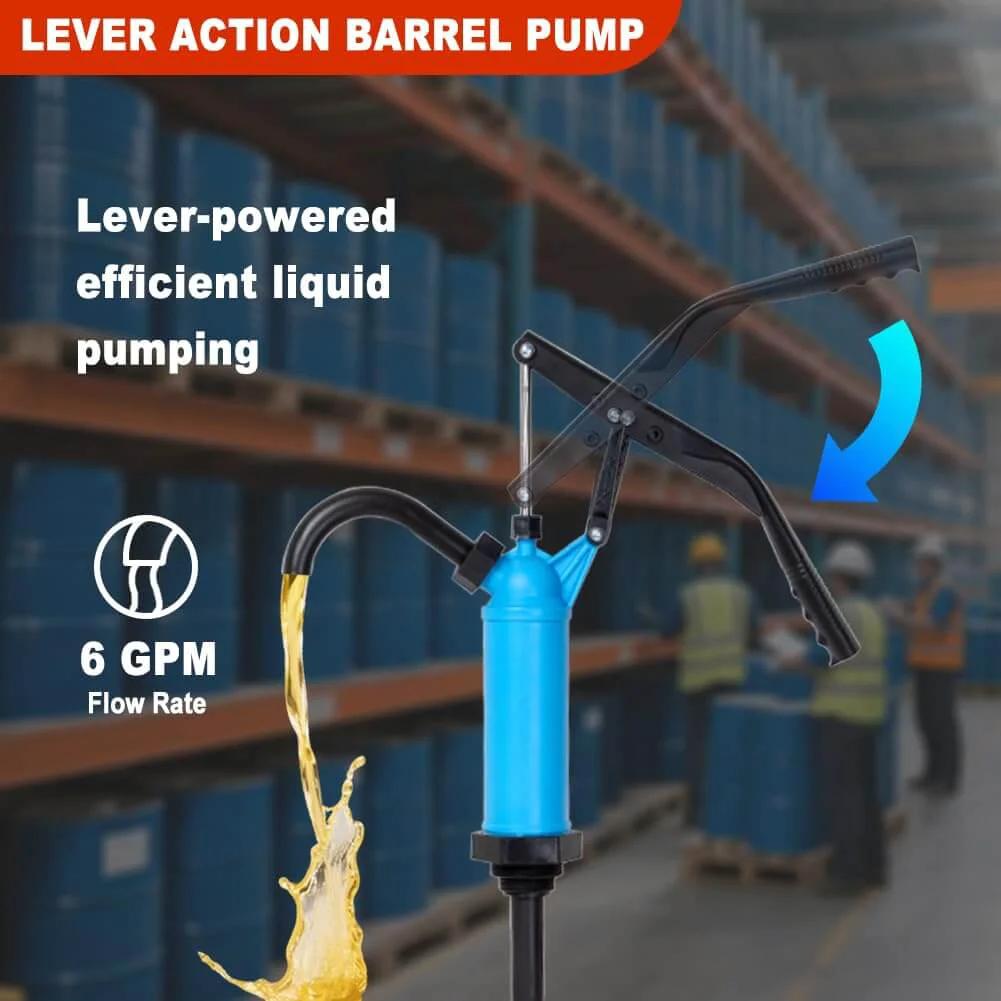 Lever Action Barrel Pump, 5 to 55 Gallon Drum Pump, lever-powered in a warehouse, demonstrating liquid flow efficiency.