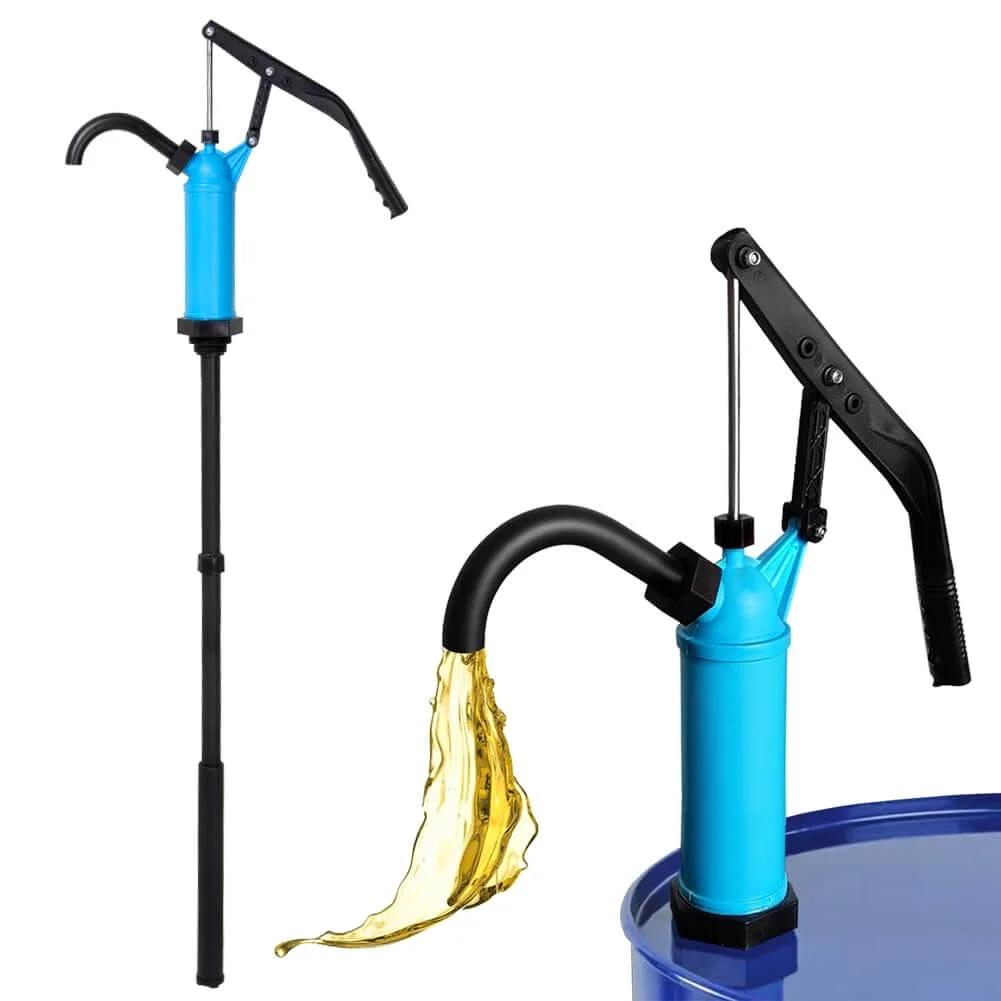 Lever Action Barrel Pump, 5 to 55 Gallon Drum Pump with blue body transferring liquid from drum