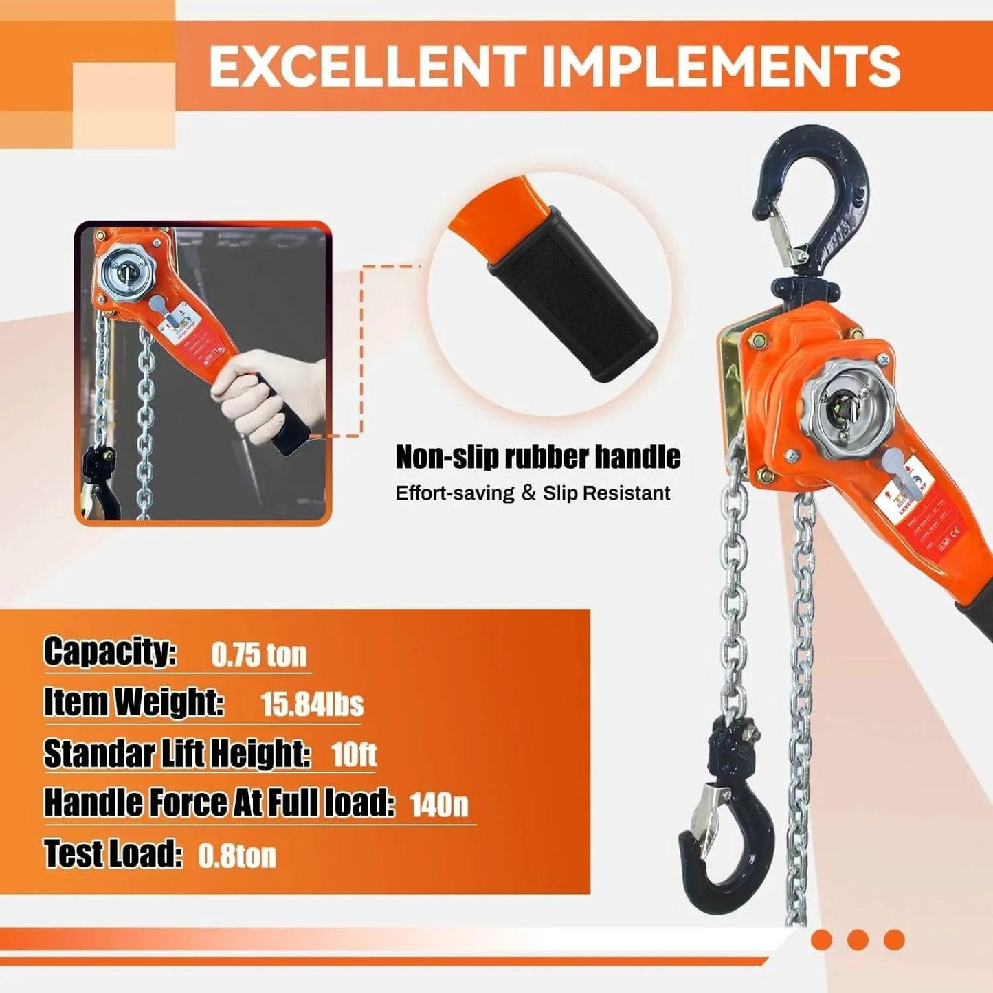 Lever Chain Hoist 1650 Lbs Capacity 10 Ft Manual Ratchet Chain Puller with non-slip rubber handle and hooks