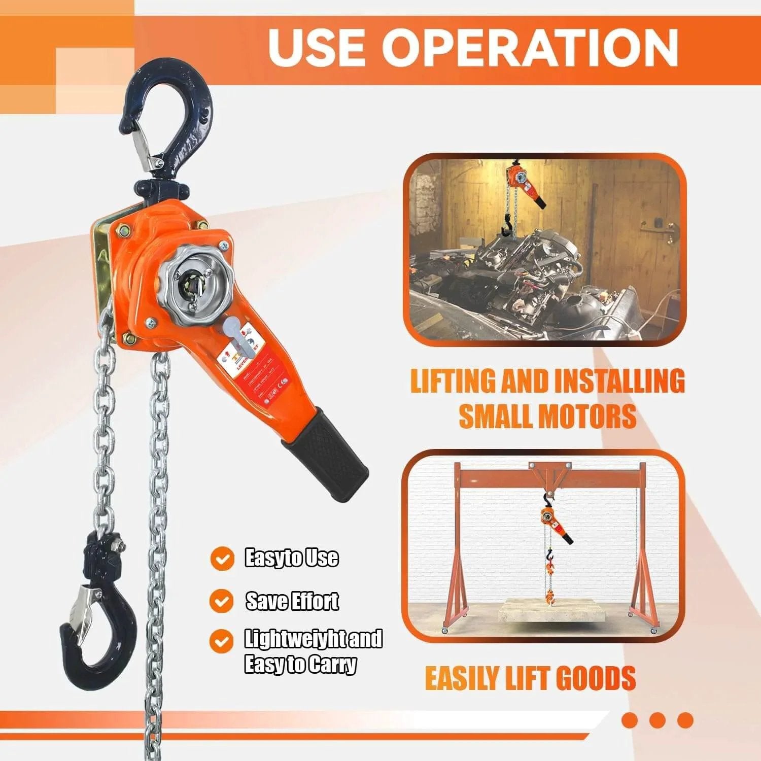 Lever Chain Hoist 1650 Lbs Capacity 10 Ft Manual Ratchet Chain Puller with Two Hooks for Outdoor No Power Use in operation