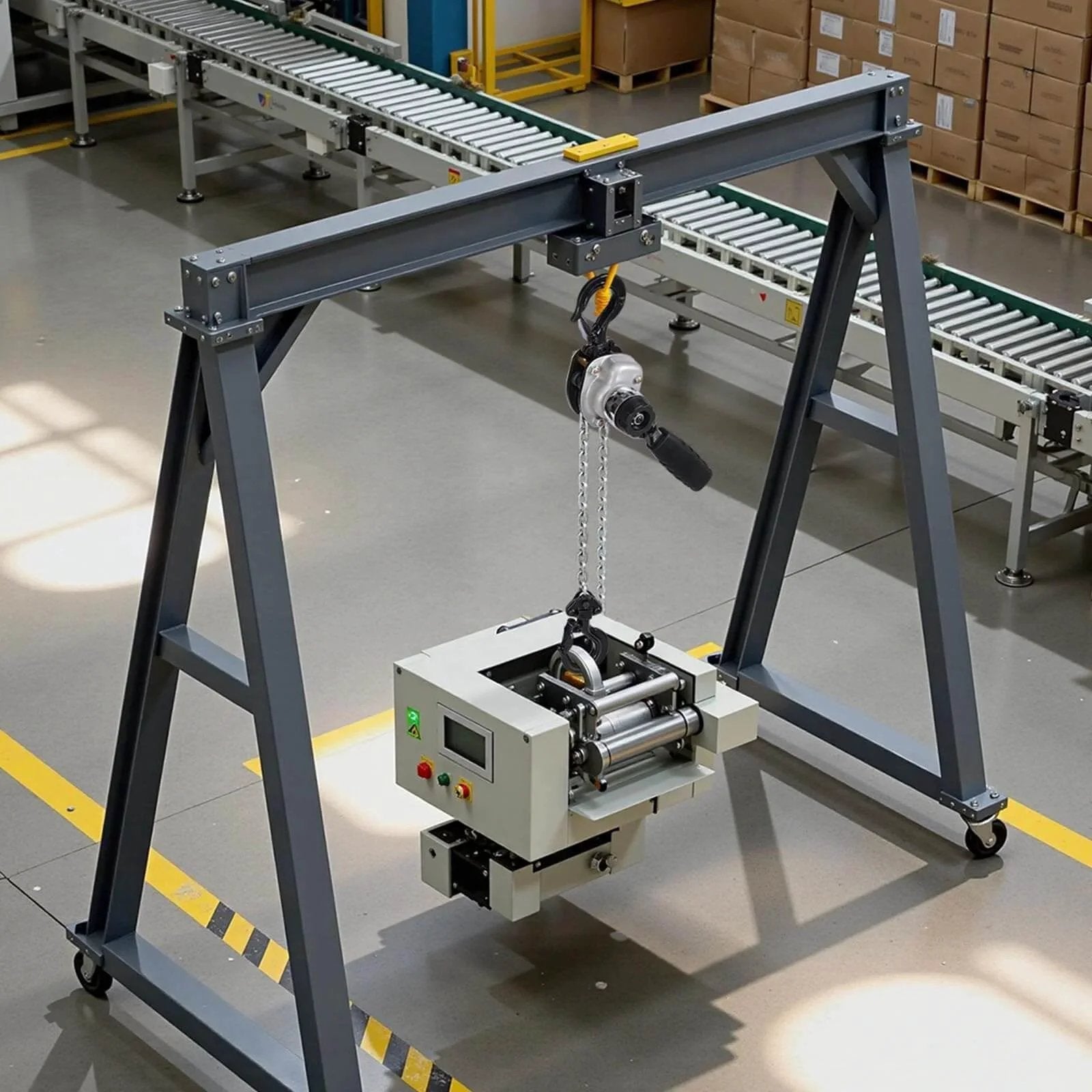 Manual Lever Chain Hoist Quarter Ton 550Lb Capacity With 5 Ft Lift G80 Chain installed on a metal gantry in warehouse