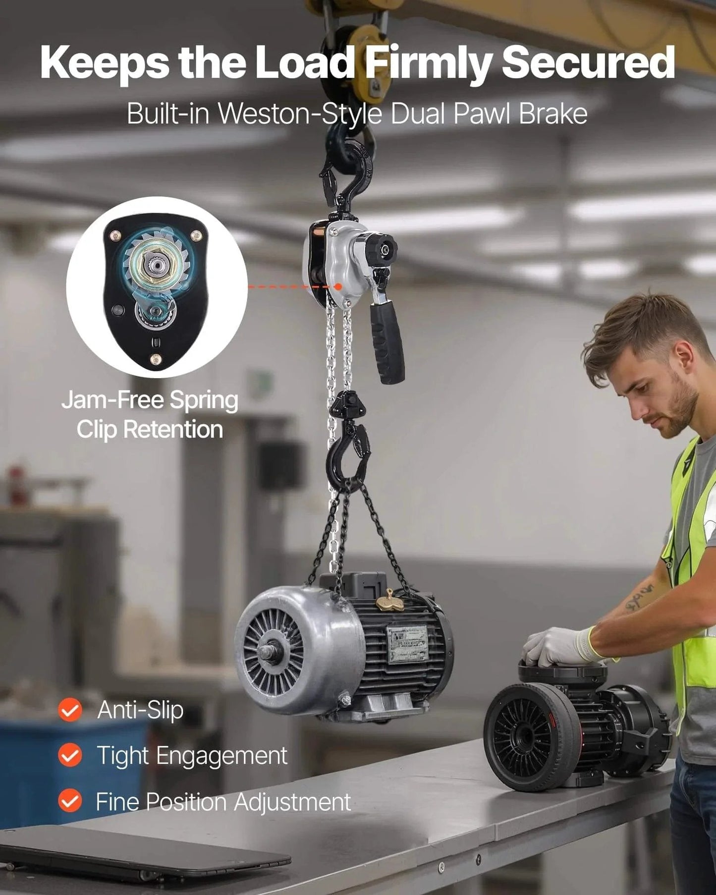Manual Lever Chain Hoist Quarter Ton 550Lb Capacity With 5 Ft Lift G80 Chain featured in use lifting an engine part on a workbench.
