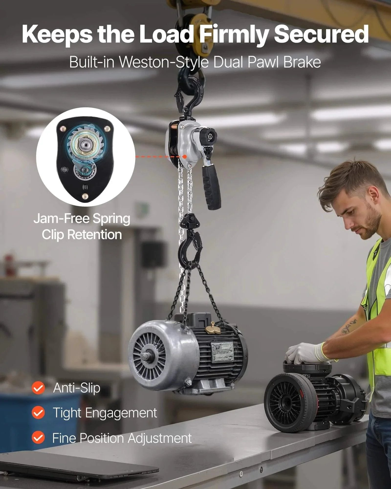 Manual Lever Chain Hoist Quarter Ton 550Lb Capacity With 5 Ft Lift G80 Chain featured in use lifting an engine part on a workbench.