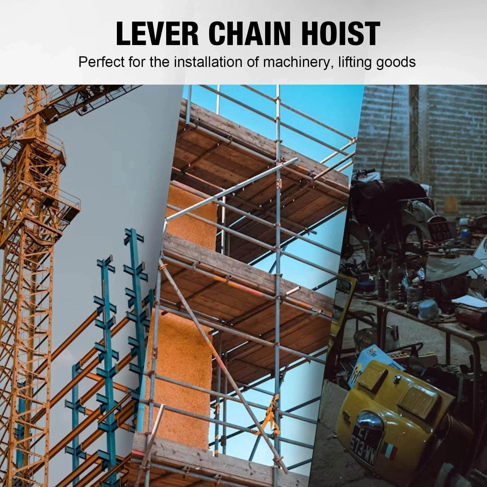Image of construction scaffolding and machinery for 0.75 Ton Manual Lever Chain Hoist With G80 Galvanized Carbon Steel Construction And Double Pawl Brake used in installation.