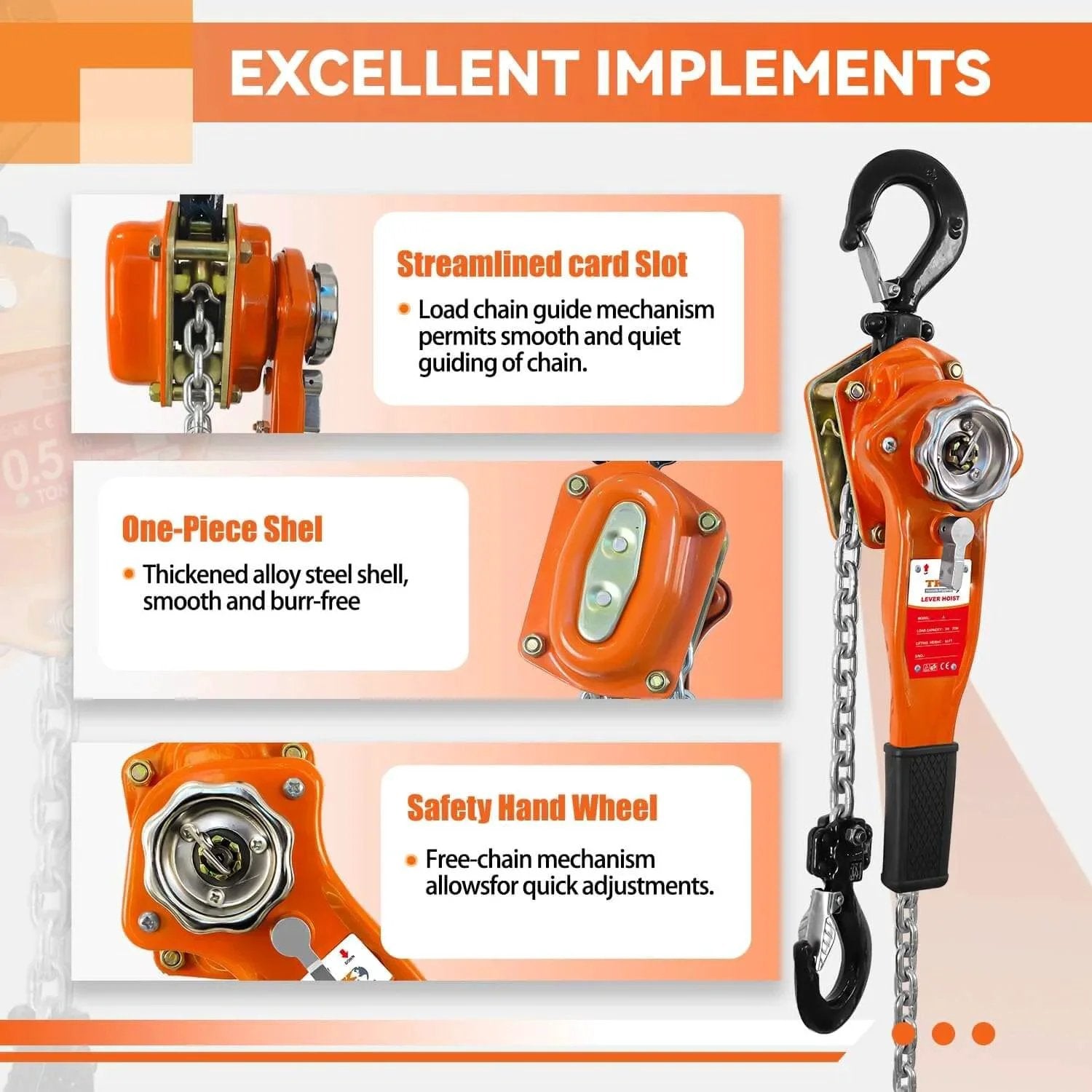 Lever Chain Hoist 1650 Lbs Capacity 10 Ft Manual Ratchet Chain Puller With Two Hooks For Outdoor No Power Use, orange body