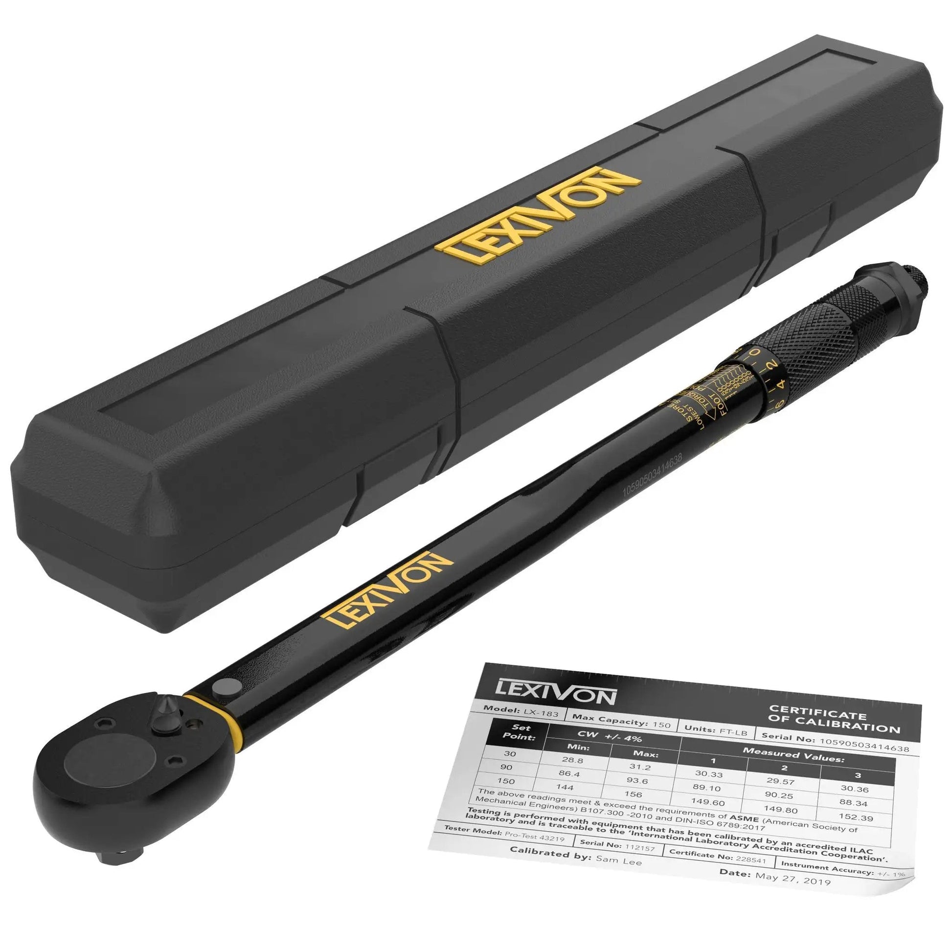 Click Torque Wrench, Half Inch Drive, 10 To 150 Foot Pounds And 13.6 To 203.5 Newton Meters, Pre Calibrated To Four Percent Accuracy in case