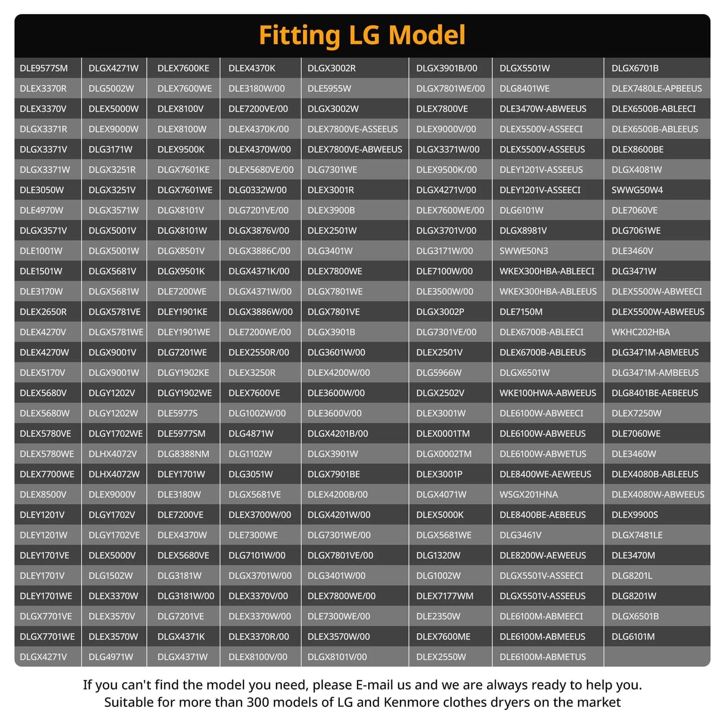 Table listing LG dryer models compatible with Dryer Roller Repair Kit For LG Kenmore Dryers 4581EL2002C Dryer Drum Roller 4581EL2002L.