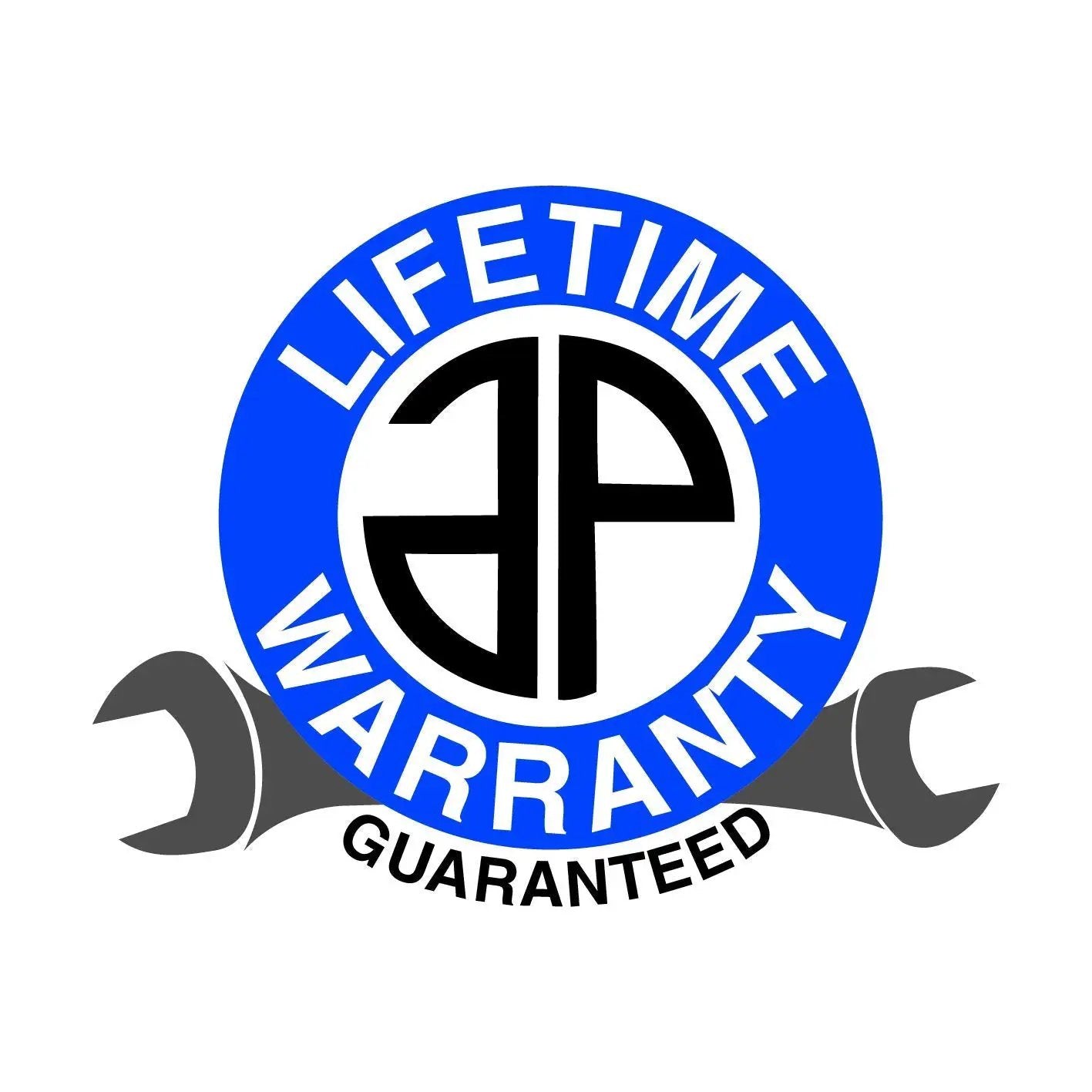 Lifetime warranty logo with blue circle design and wrench symbols on both sides.