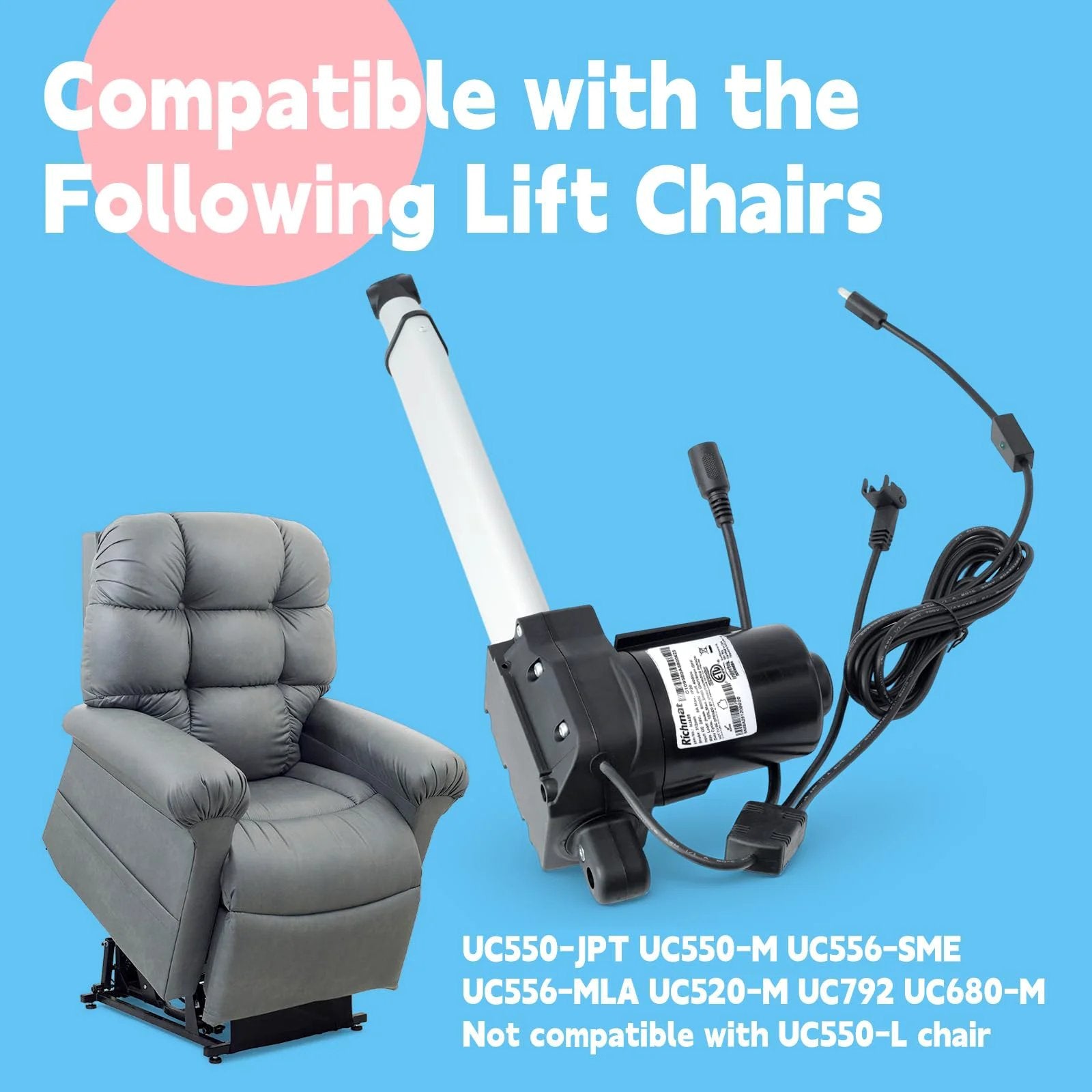 Lift Chair Actuator Replacement For Richmat HJA58 And GM1450-LM, Compatible With UC550-JPT UC550-M UC556-SME UC556-MLA UC520-M UC792 UC680-M Electric Recliner Motors For Adjustable Sofas, Black Finish, Primary Driving Motor, By GLOXTED with a grey recliner chair.