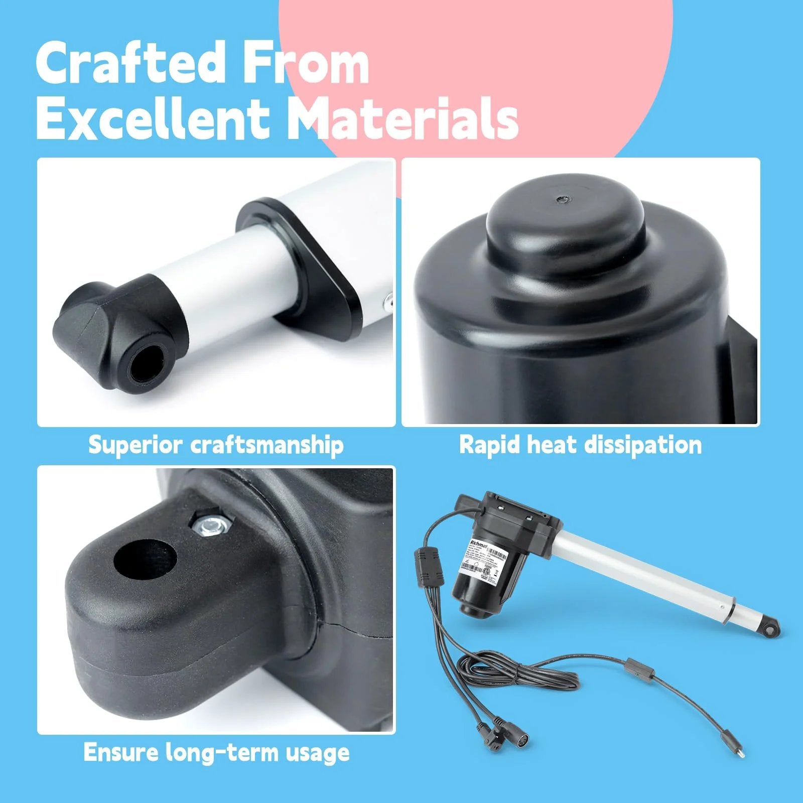 Lift Chair Actuator Replacement For Richmat HJA58 And GM1450-LM close-up showing black finish and electric components by GLOXTED.