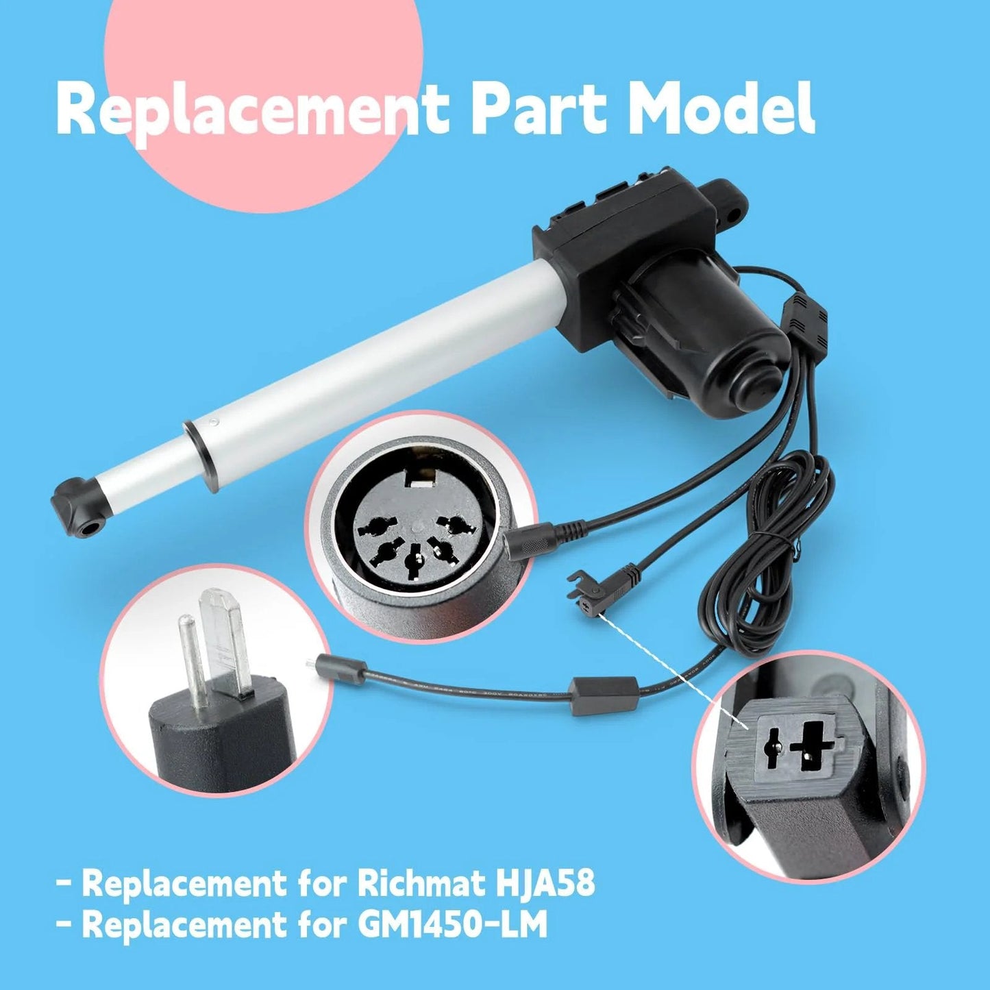 Lift Chair Actuator Replacement For Richmat HJA58 And GM1450-LM, featuring motor and connectors, shown from the side.