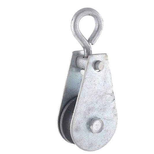Single Rope Pulley With Swivel Hook For Light Duty Lifting 50 Kg Capacity 8 Mm Rope DIY Rig, silver metal pulley with hook