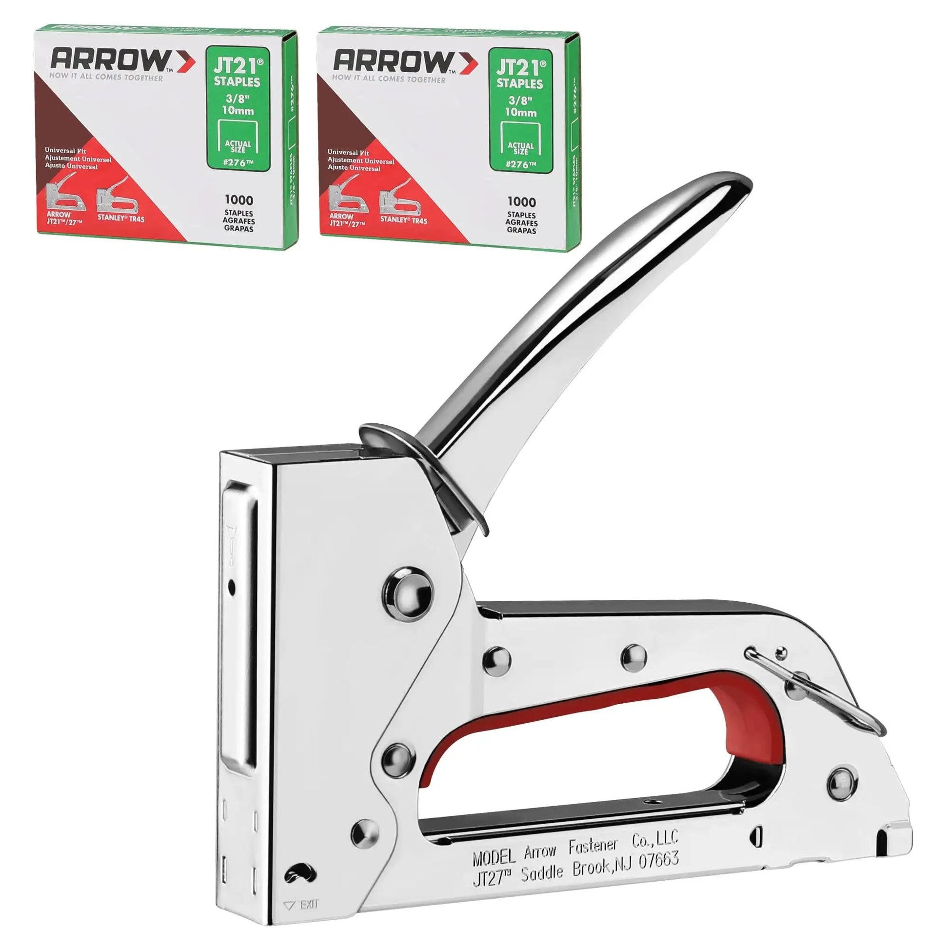 Light Duty Staple Gun Kit With 2000 Three Eighths Inch JT21 Staples Rubber Grip And Chrome Steel Housing For Lightweight Rust Resistant Performance In DIY Upholstery Crafting And Home Improvement, showing staple gun and staple boxes.