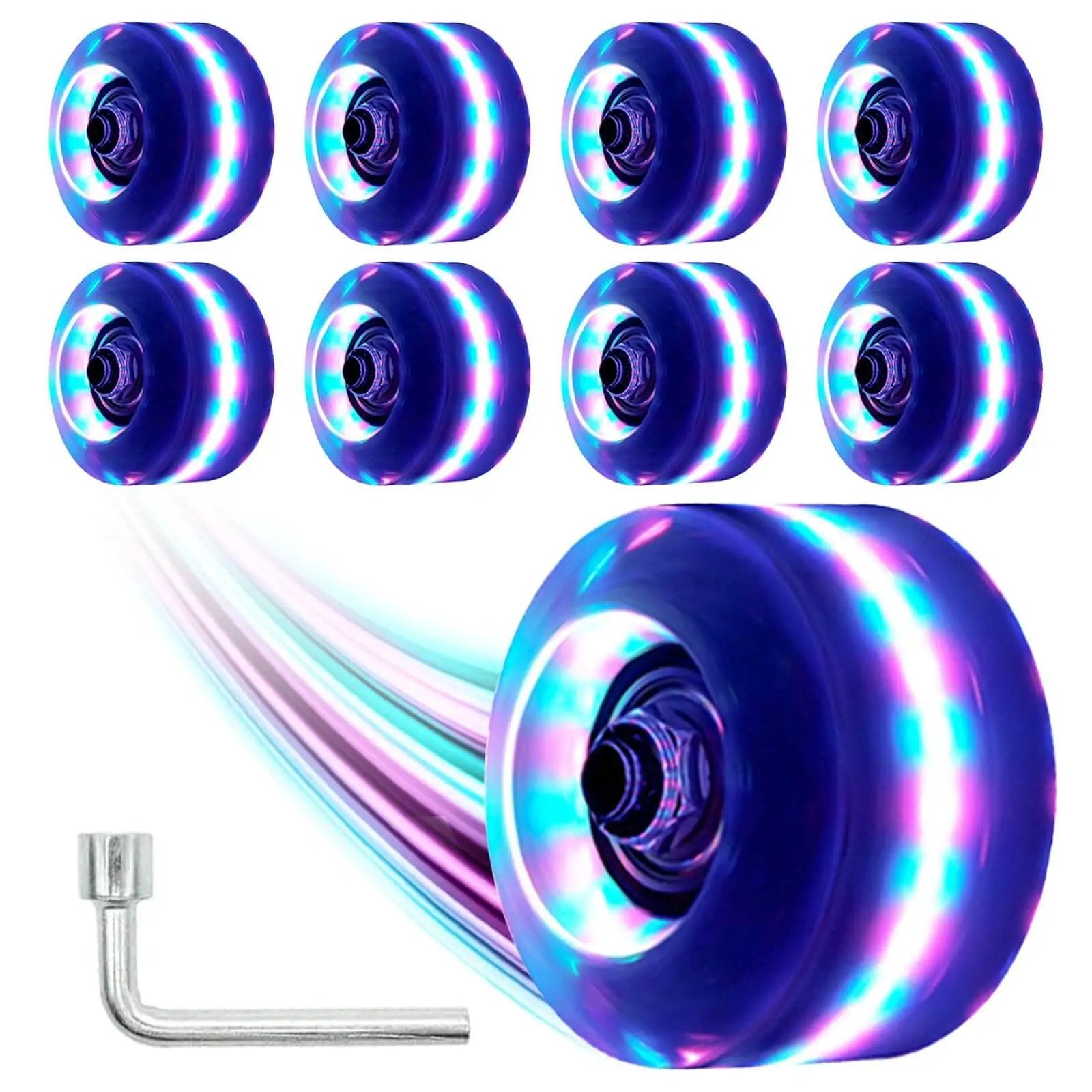 Light Up Roller Skate Wheels 8 Pack With 78A Hardness And Premium ABEC-9 Bearings For Outdoor And Indoor Quad Skates, Illuminating LED Wheel Set For Smooth Rolling, High-Performance Skateboard Accessories, showing colorful LED lights.