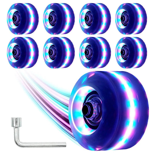 Light Up Roller Skate Wheels 8 Pack With 78A Hardness And Premium ABEC-9 Bearings For Outdoor And Indoor Quad Skates, Illuminating LED Wheel Set For Smooth Rolling, High-Performance Skateboard Accessories, showing colorful LED lights.