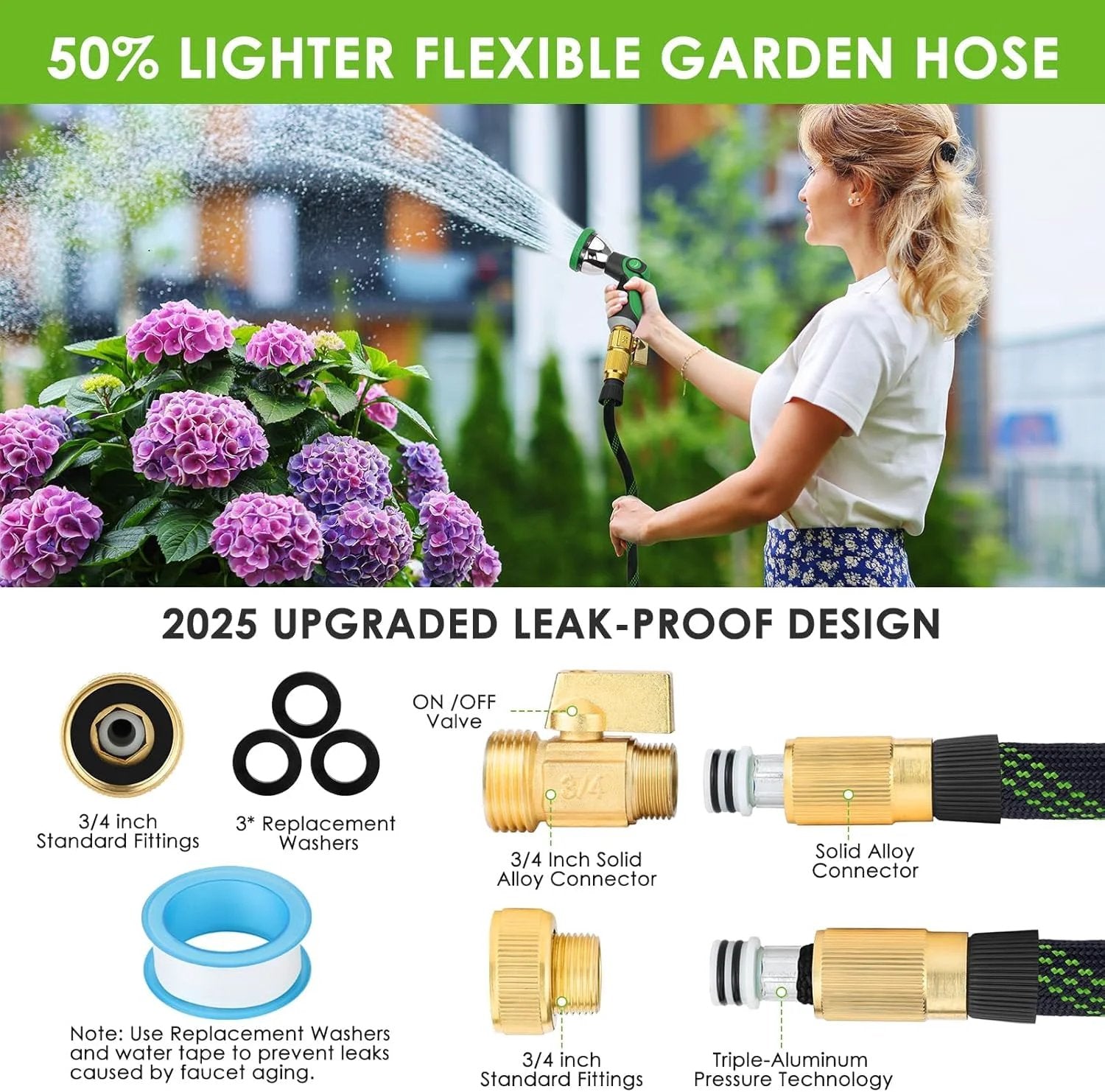 Non Expandable Garden Hose 150 Ft Ultra Lightweight And Flexible Water Hose With 10 Pattern Spray Nozzle, watering flowers.