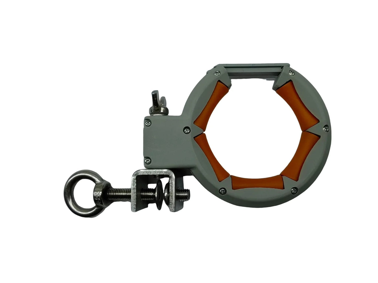 Side view of a lightweight cable pulling pulley for easy installation of Ethernet, coaxial, fiber optic, and low-voltage cables in cable trays.
