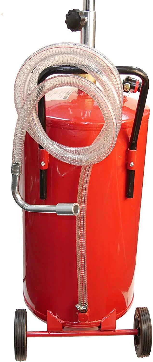 Red Lincoln 3601 Pneumatic 18 Gallon Pressurized Fluid Drain and Evacuation Tank with coil hose, front view.