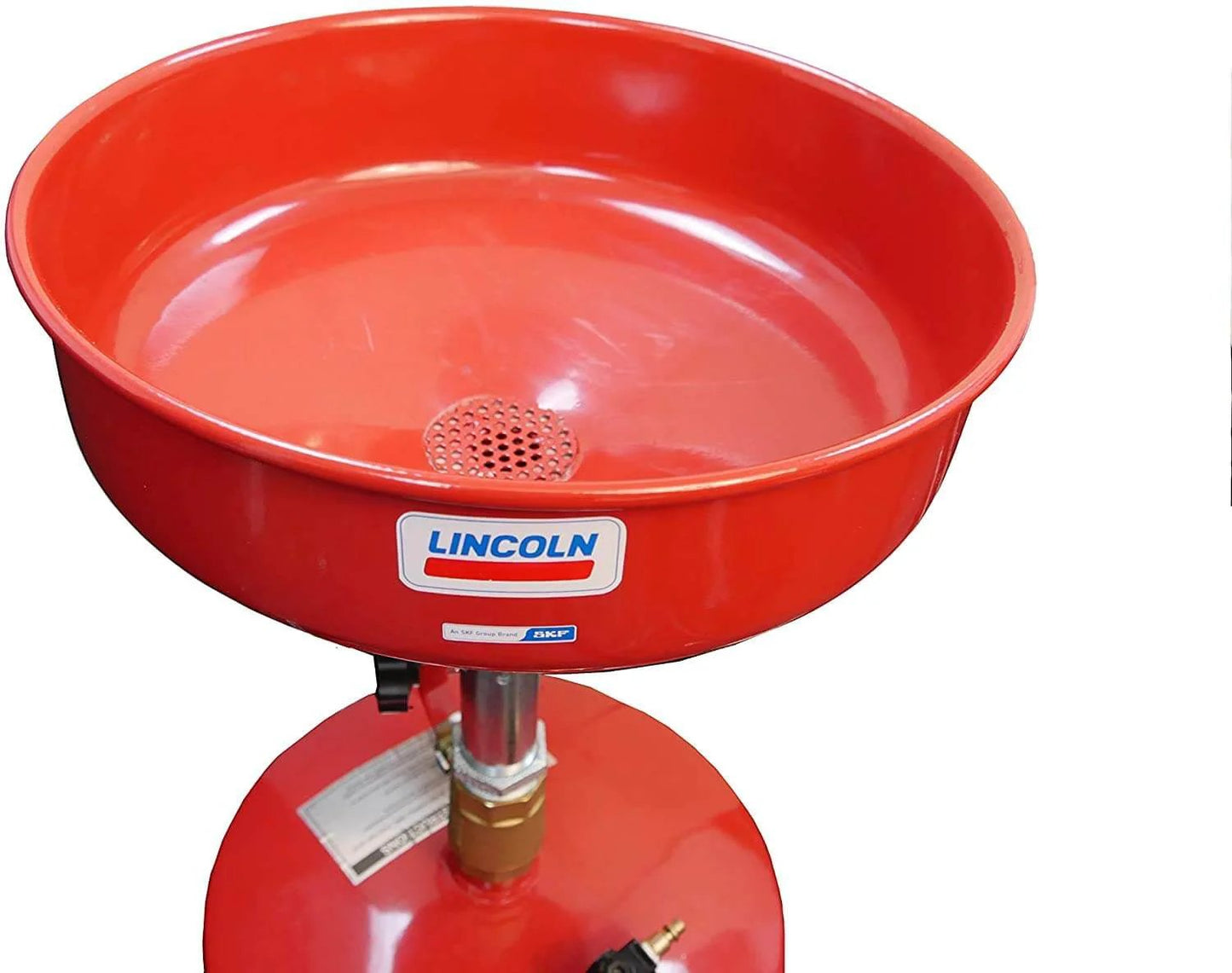 Lincoln 3601 Pneumatic 18 Gallon Pressurized Fluid Drain and Evacuation Tank, 45-72" Adjustable Funnel Height, Red Steel Bowl Close-Up