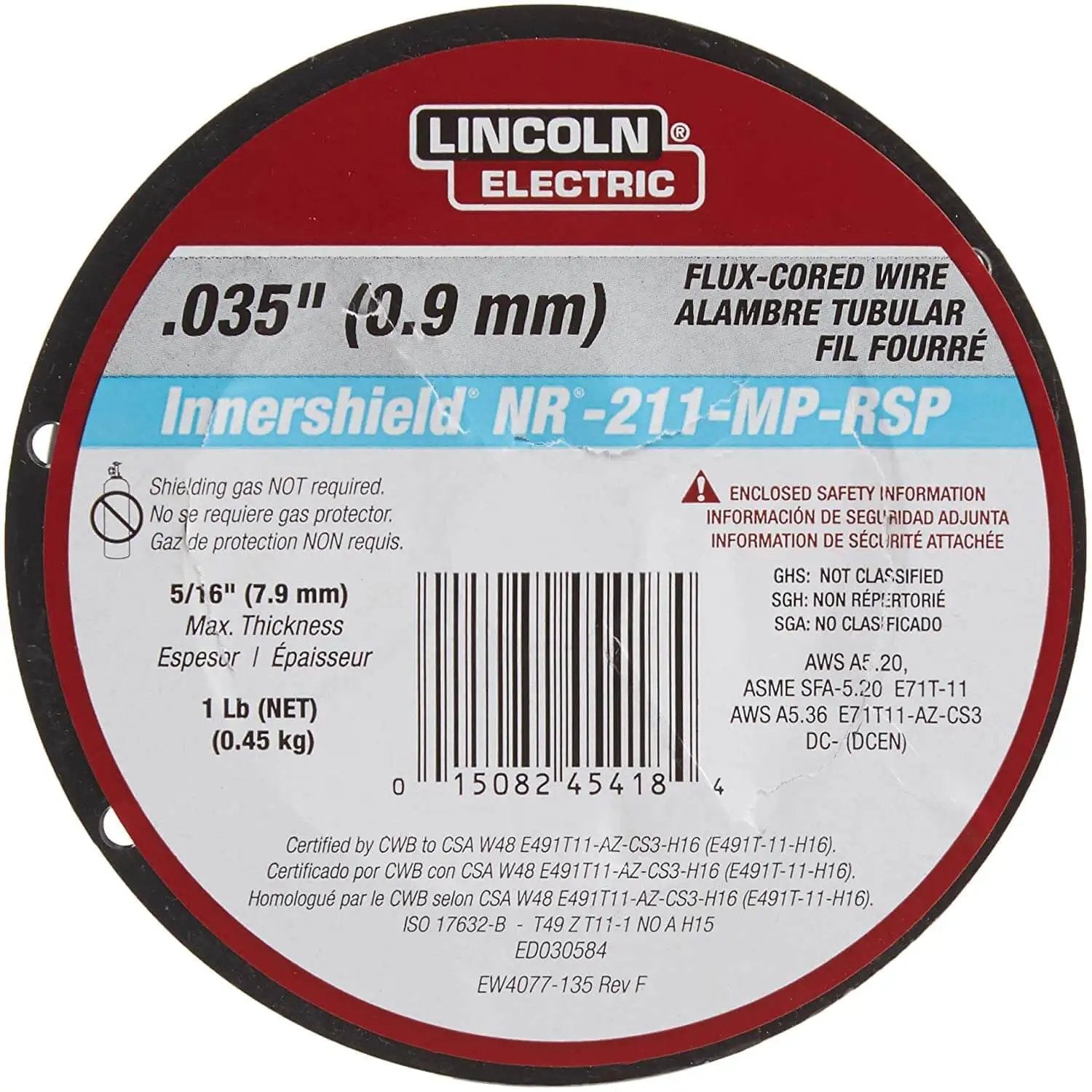 Label of Lincoln Electric MIG Welding Wire 0.035 NR-211 MP Flux Core spool for mild steel applications