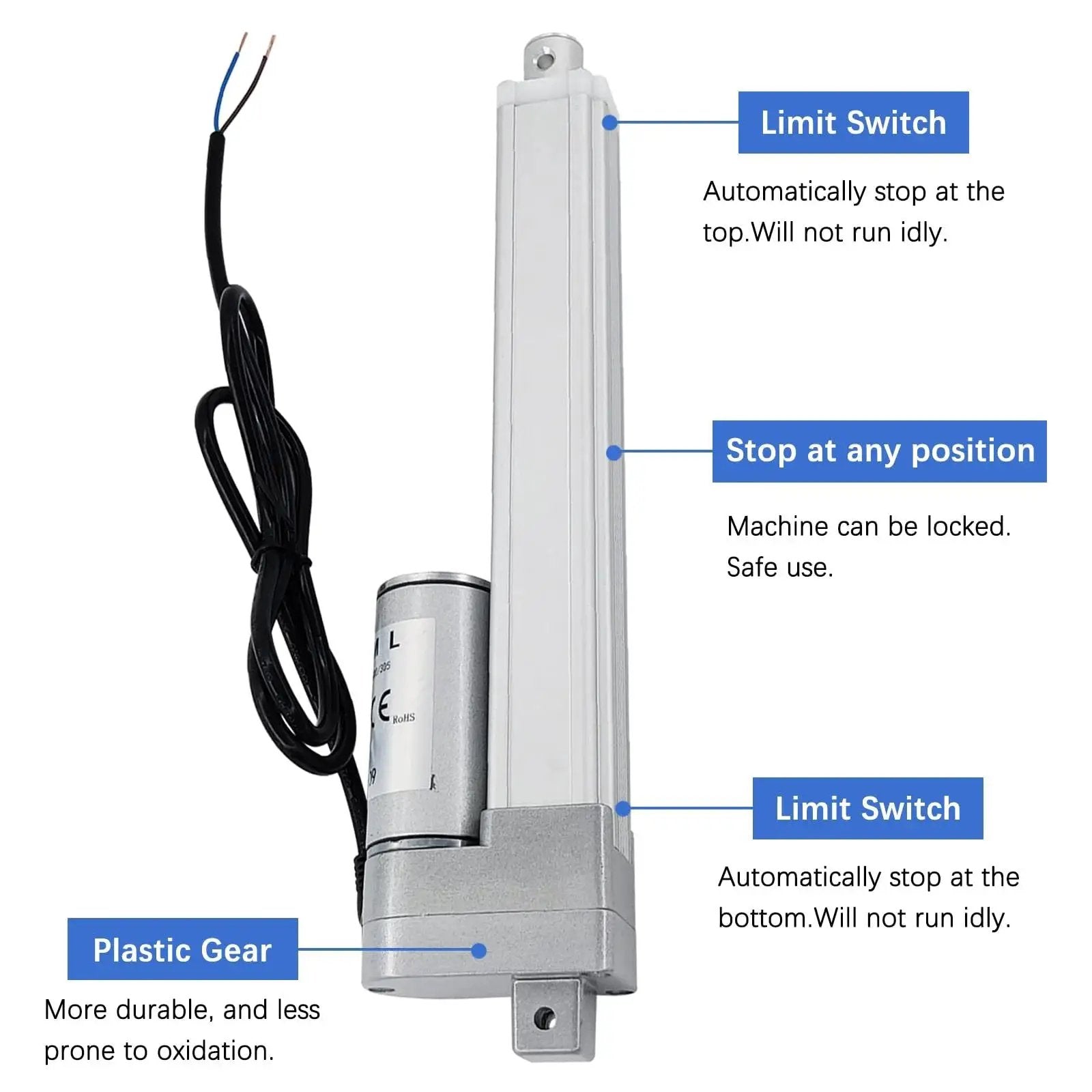 Powerful 12V Linear Actuator with 2 inch stroke and 66 lbs capacity, aluminum alloy, showing limit switches and plastic gear.