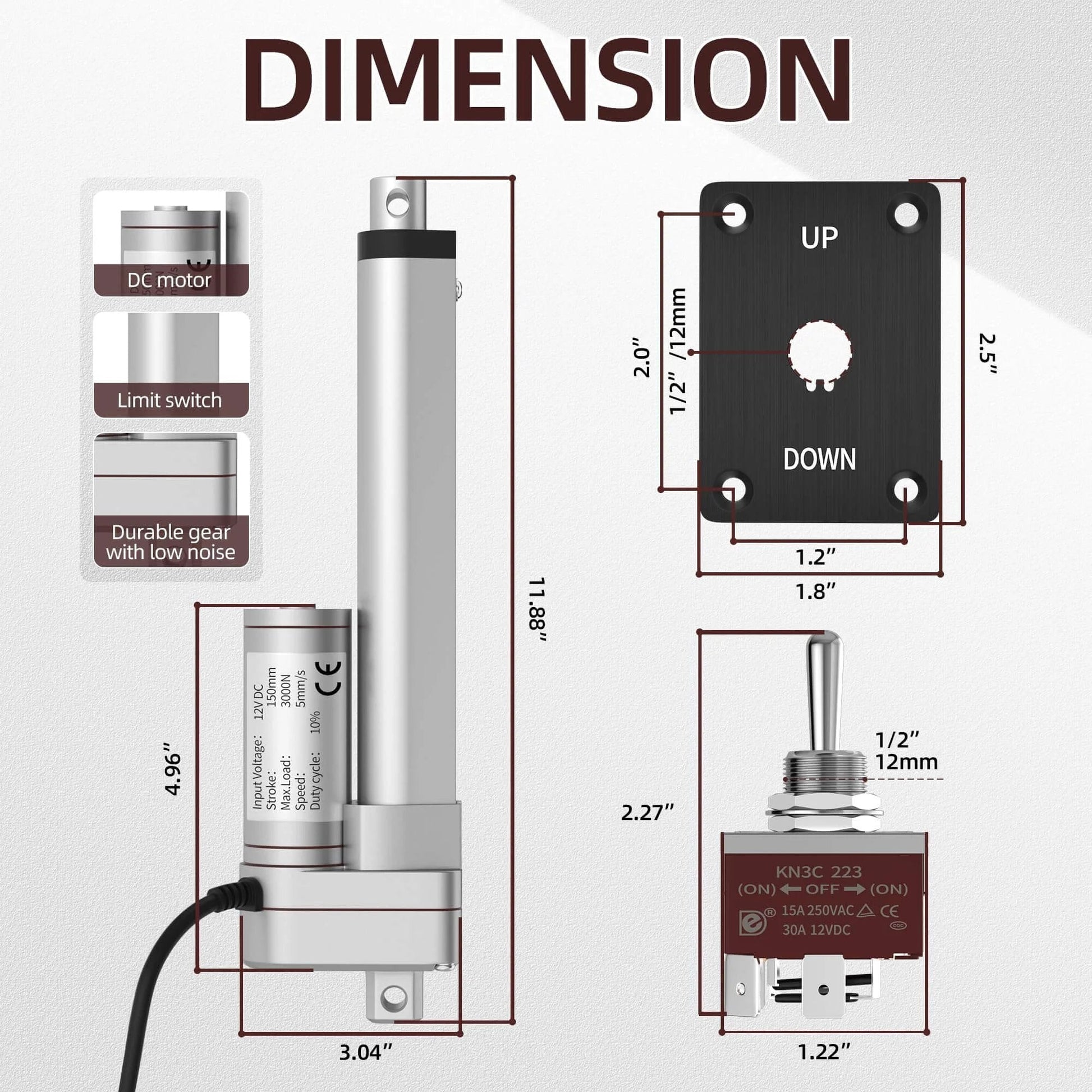 Dimensions of Linear Actuator 12V with Controller 6" 3000N/660lbs Stroke, showing DC motor, limit switch, and gear details.