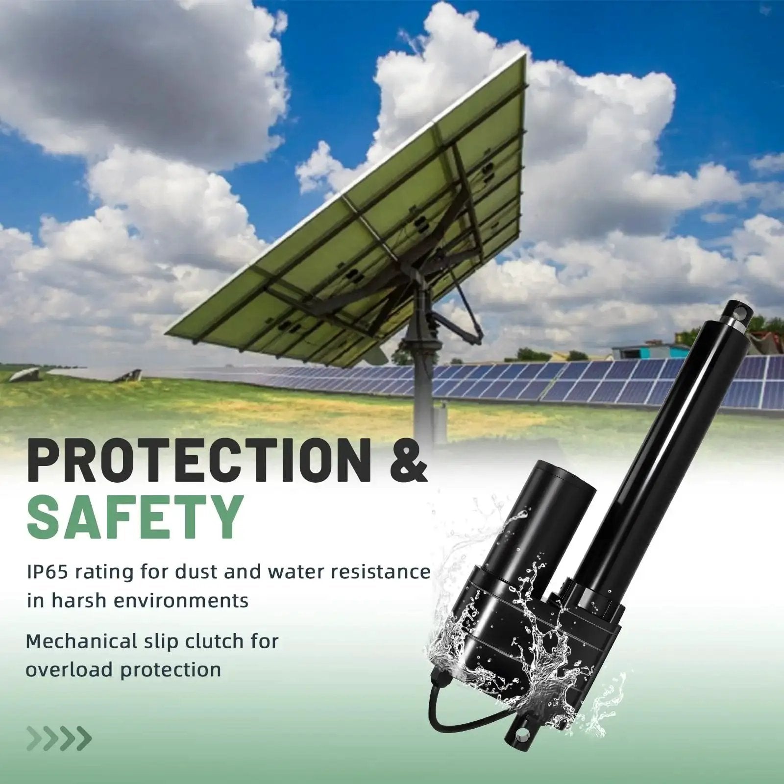 Powerful 12V Linear Actuator with 8 inch stroke for heavy duty projects shown with solar panel, includes overload protection.