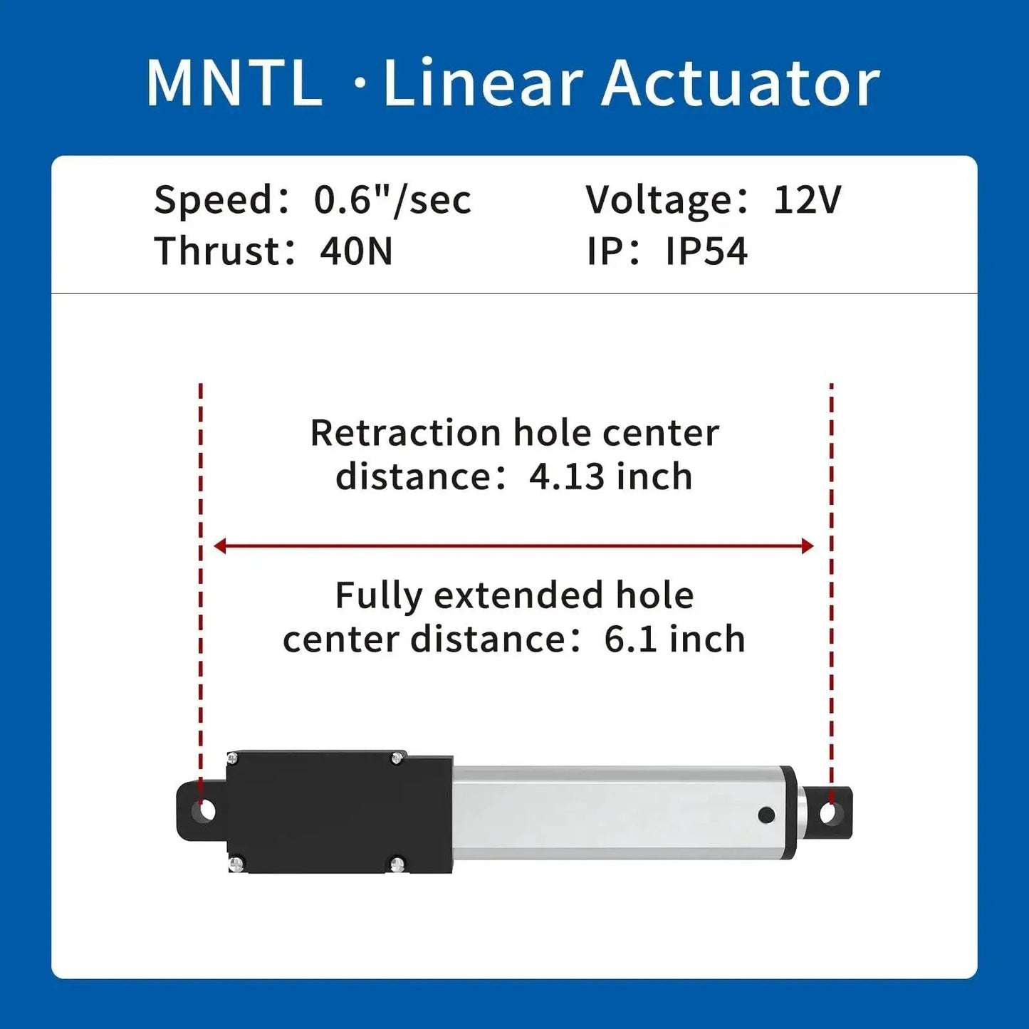 Diagram of High Speed 50mm Stroke 12V IP54 Aluminum Alloy Linear Actuator with 40N Thrust and 0.6 Inches Per Second speed.