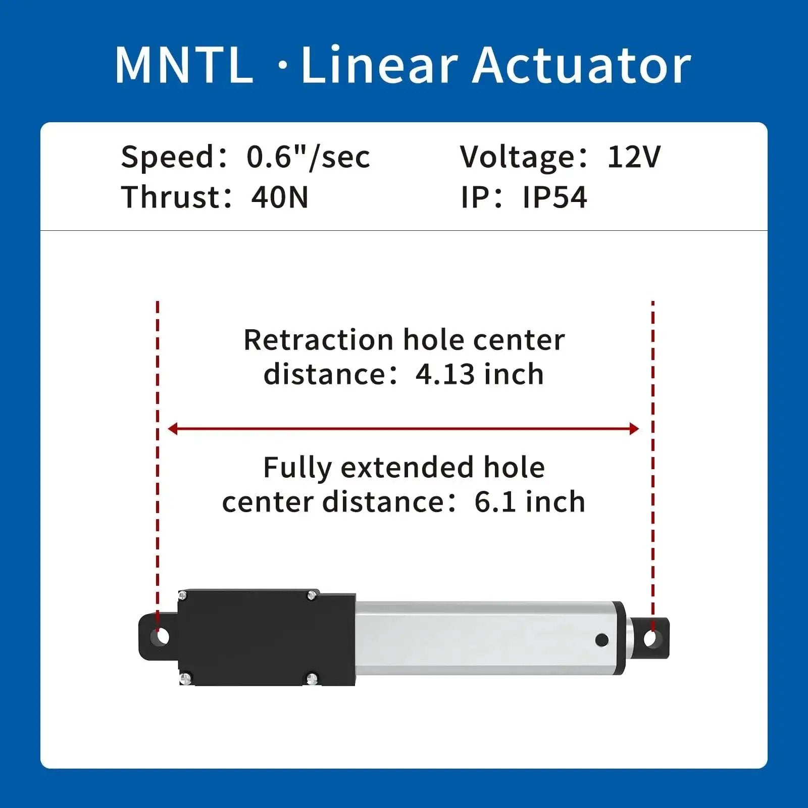 Diagram of High Speed 50mm Stroke 12V IP54 Aluminum Alloy Linear Actuator with 40N Thrust and 0.6 Inches Per Second speed.