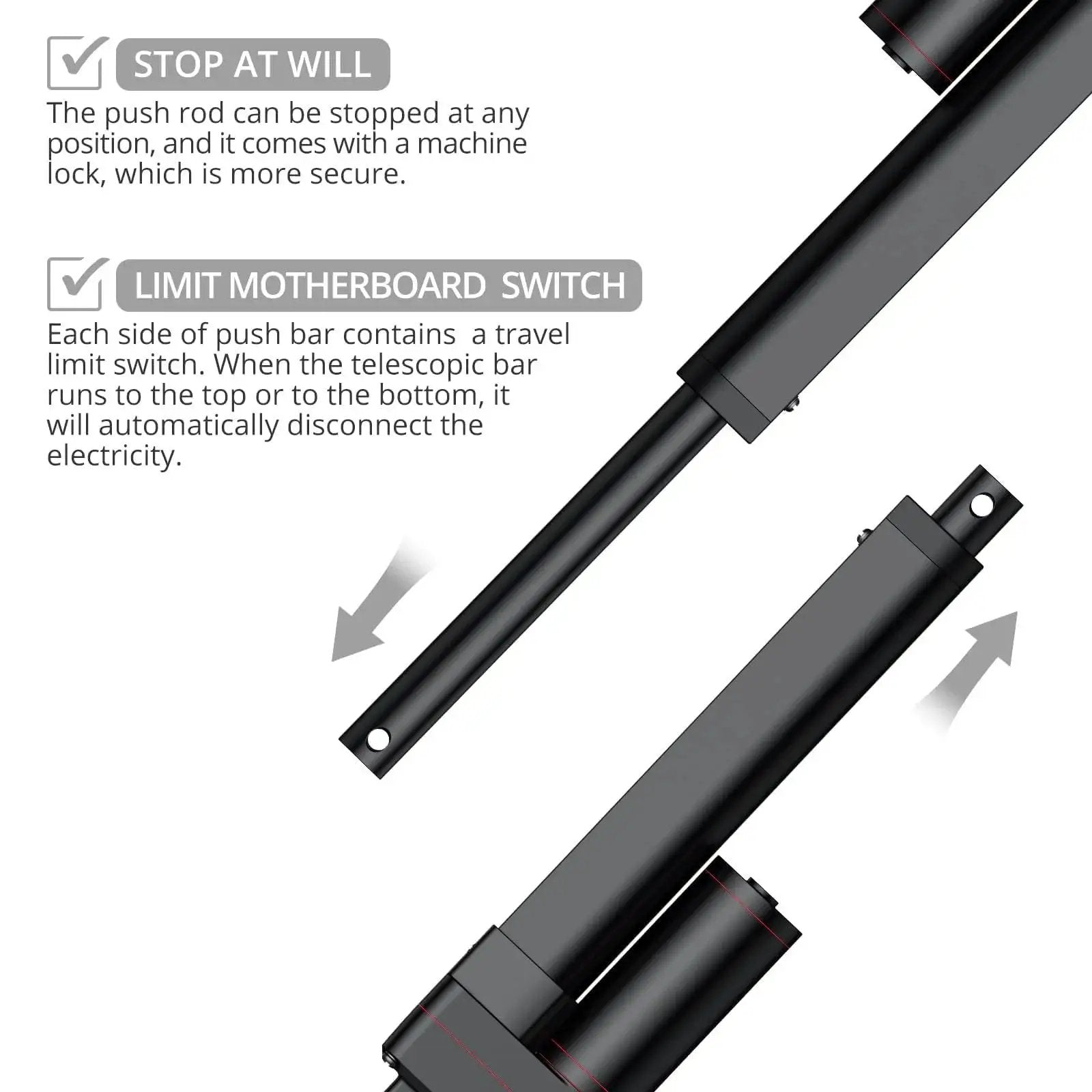 Image of a Heavy Duty 12V Linear Actuator 660 LBS 3000 N With 6 Inch Stroke, featuring stop and limit motherboard switch, IP65 rated.