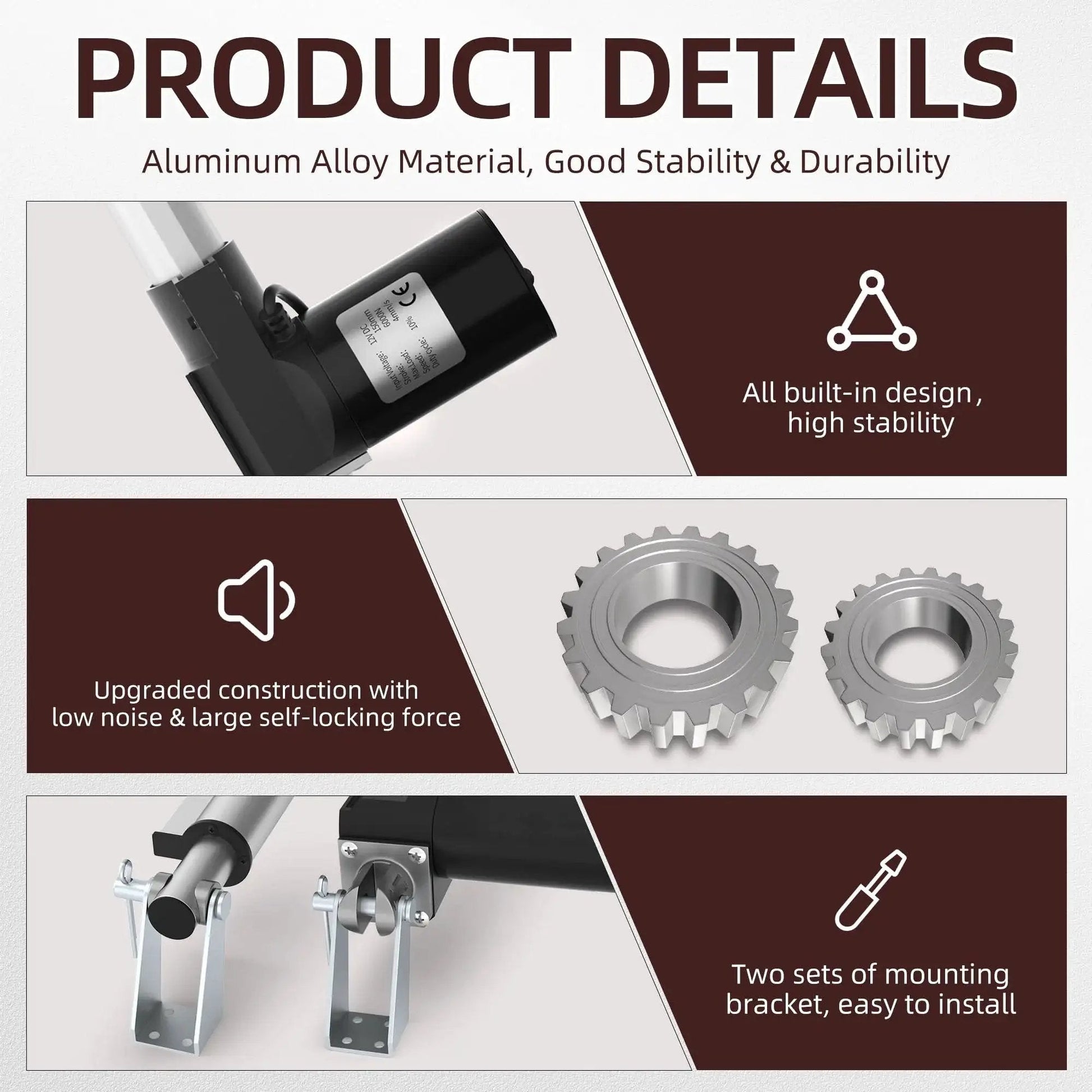 Diagram showing 6000N Heavy Duty 12V Linear Actuator with aluminum material, built-in design, and mounting brackets for marine use