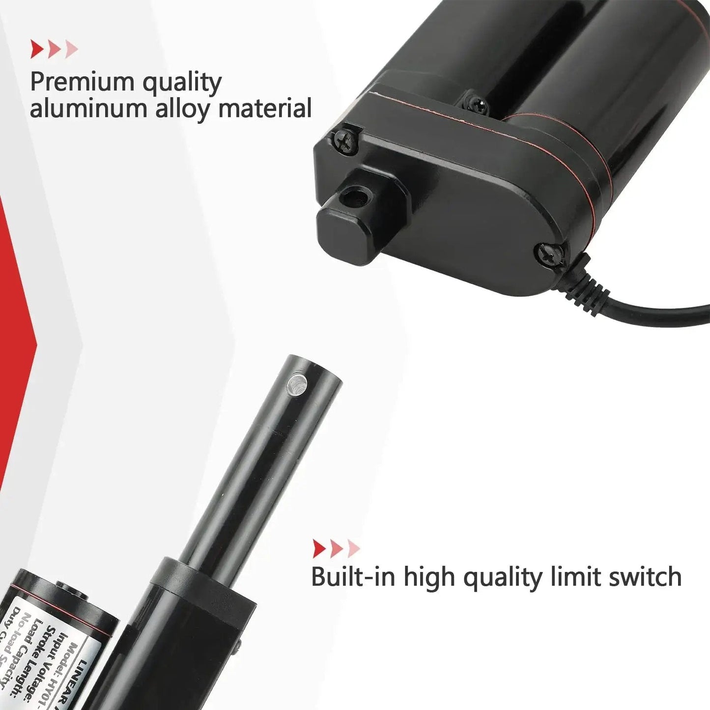 Beefy 12V DC Stroke Linear Actuator With Mounting Bracket, aluminum alloy material, close-up of limit switch and structure.