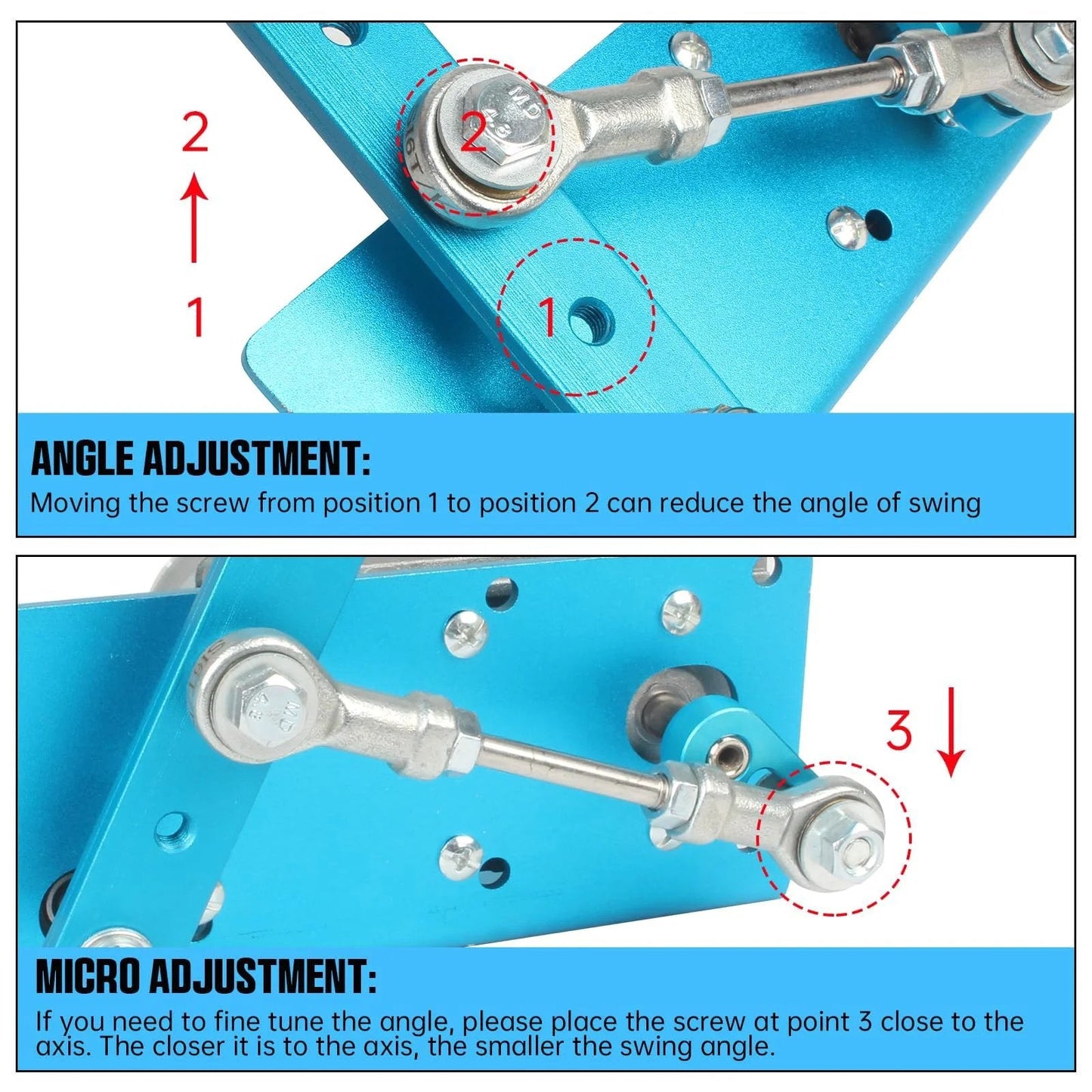 Close-up of the angle and micro adjustment mechanism for the Powerful DC 12V And 24V Linear Actuator With Adjustable Swing Angle From 20 To 120 Degrees.