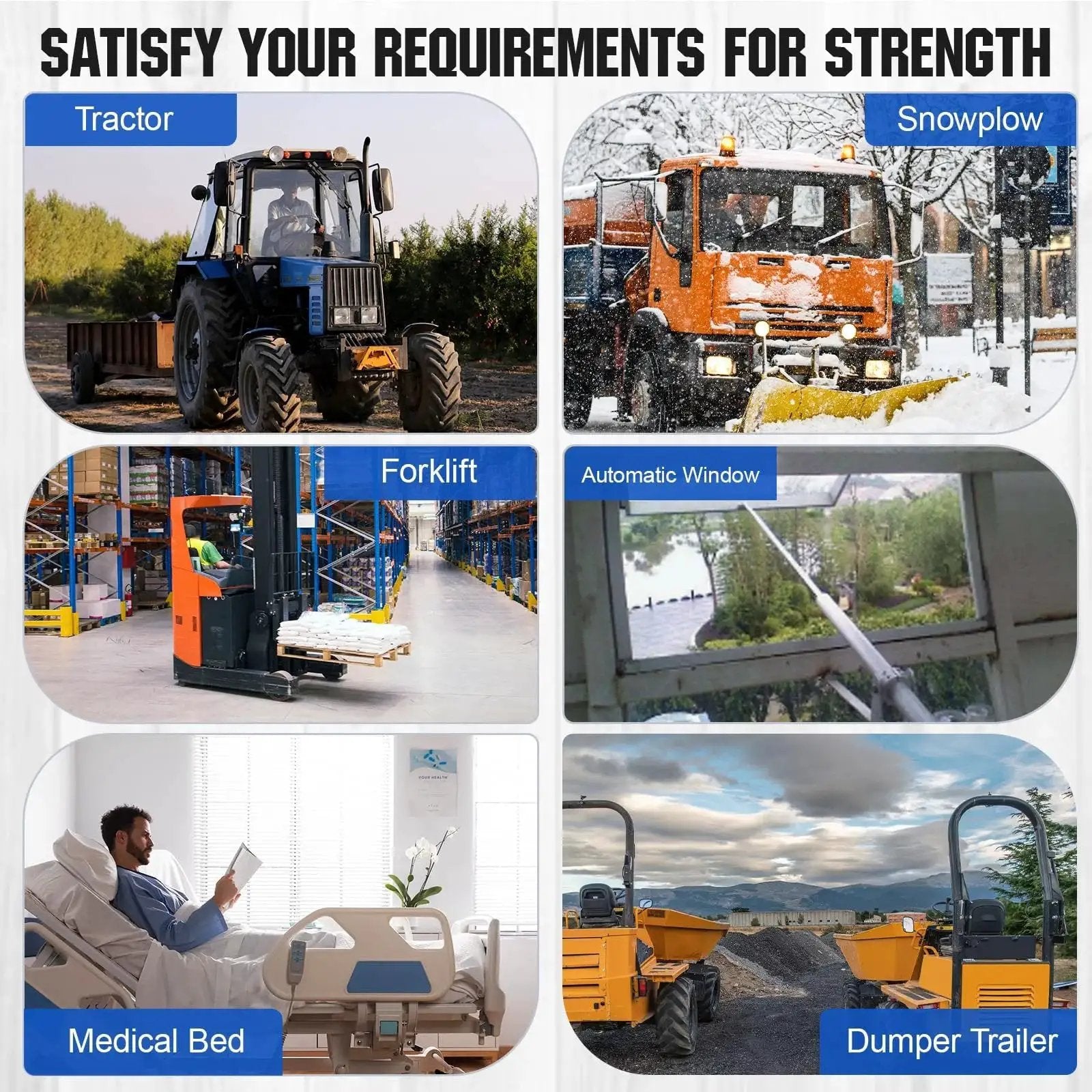 Image showcasing heavy duty 12 inch linear actuator 3000N 675 lbs 12V applications: tractor, snowplow, forklift, auto window, medical bed, dumper trailer.