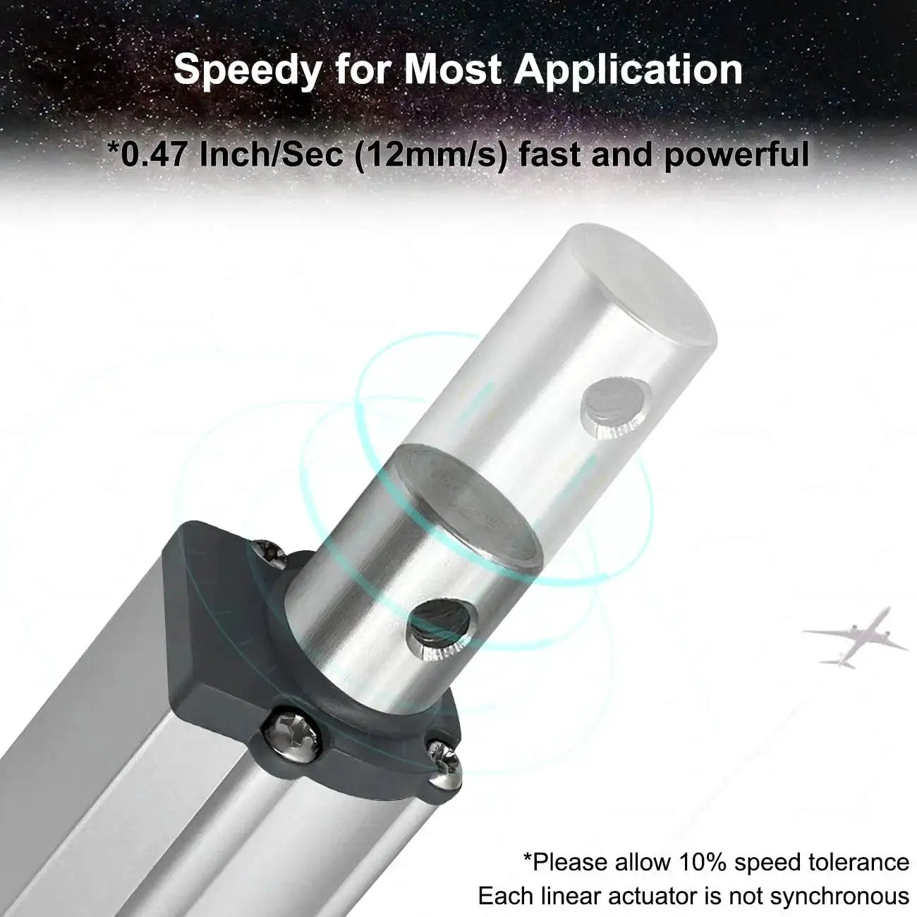Close-up of 2 Inch Stroke DC12V Linear Actuator With Mounting Bracket IP65 Waterproof, showing speed details for outdoor use.